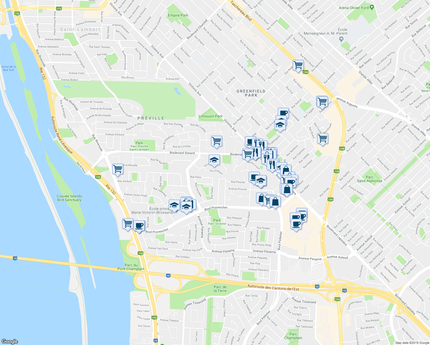 map of restaurants, bars, coffee shops, grocery stores, and more near 290 Rue d'Orléans in Saint-Lambert