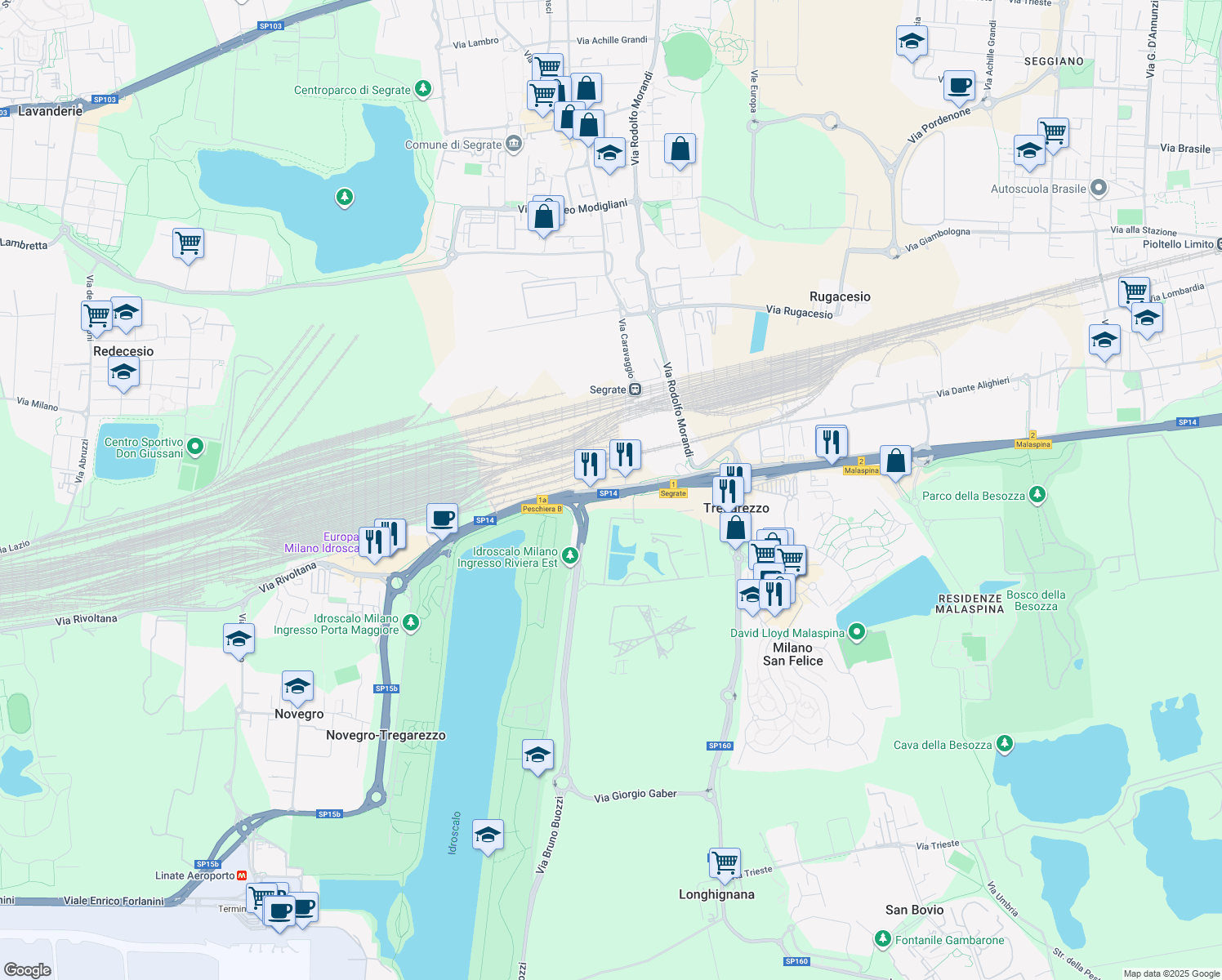 map of restaurants, bars, coffee shops, grocery stores, and more near 13 Via Rivoltana in Novegro-Tregarezzo