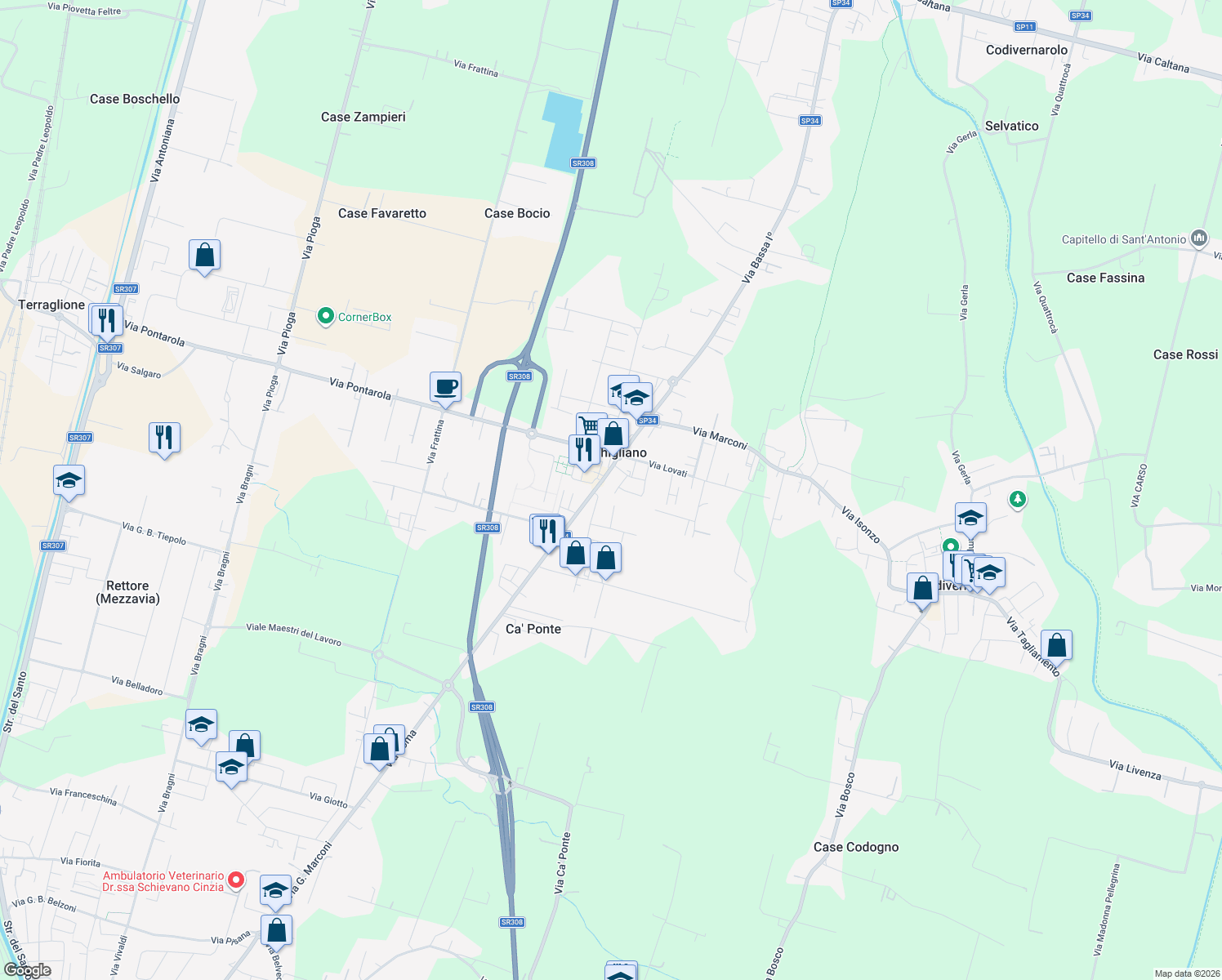 map of restaurants, bars, coffee shops, grocery stores, and more near 4/2 Via Santa Lucia in Reschigliano