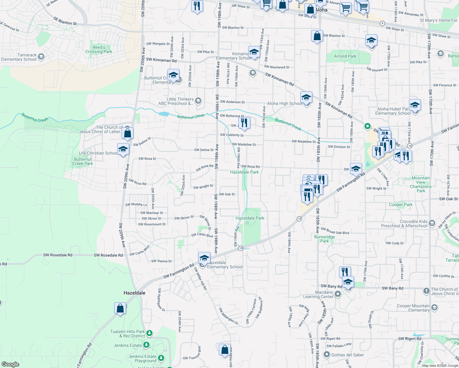 map of restaurants, bars, coffee shops, grocery stores, and more near 19663 Southwest Wright Street in Aloha