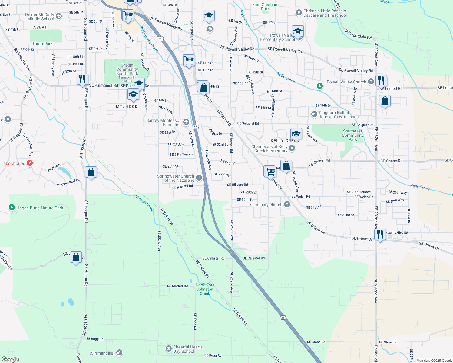 map of restaurants, bars, coffee shops, grocery stores, and more near 3837 Southeast Hillyard Road in Gresham