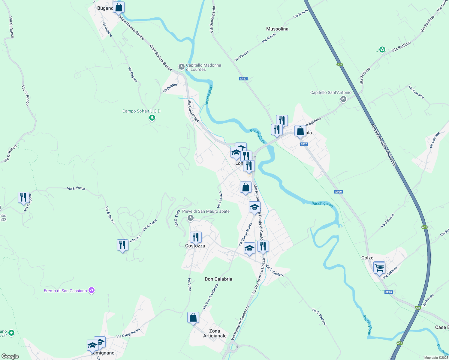 map of restaurants, bars, coffee shops, grocery stores, and more near 18a Via Crosara in Longare