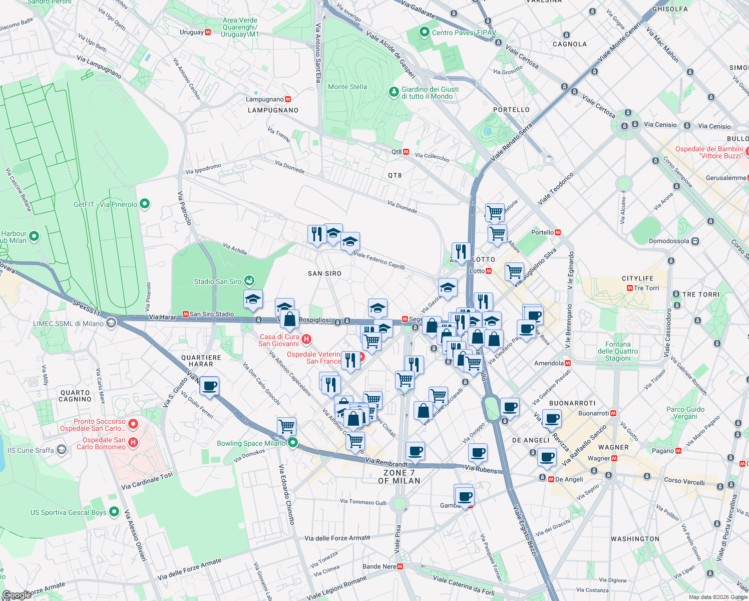 map of restaurants, bars, coffee shops, grocery stores, and more near 6 Via degli Odescalchi in Milano