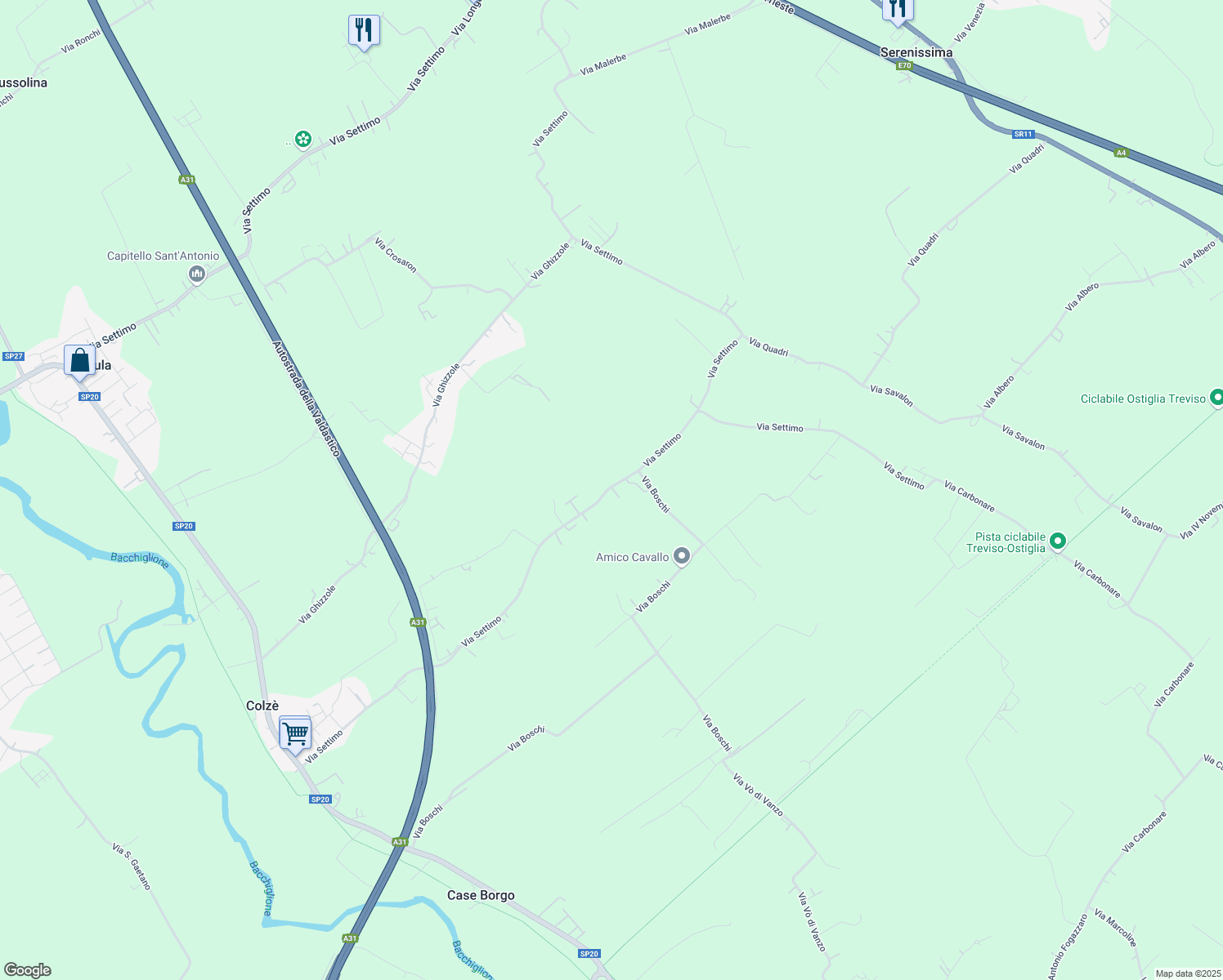 map of restaurants, bars, coffee shops, grocery stores, and more near 34 Via Settimo in Provincia di Vicenza