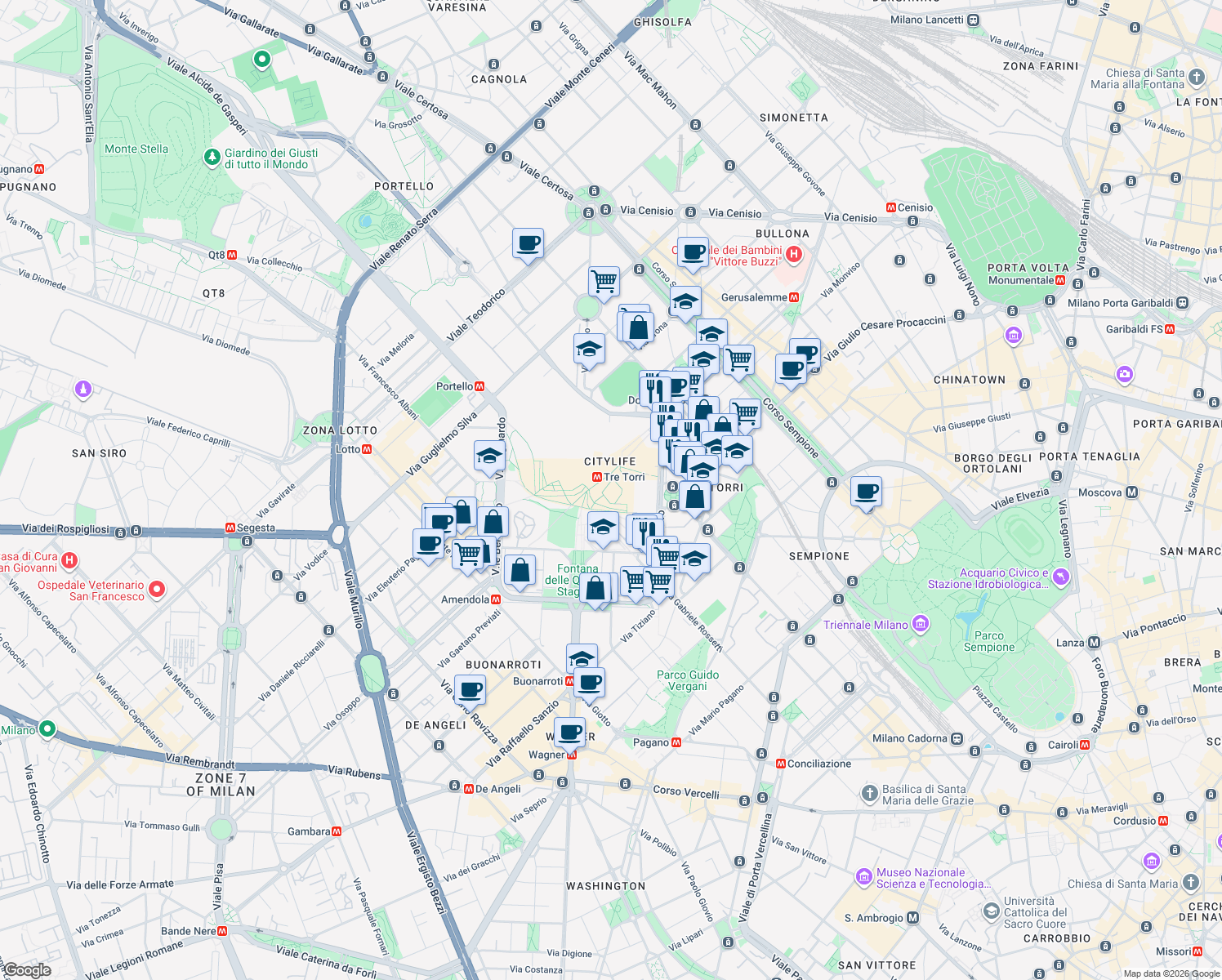 map of restaurants, bars, coffee shops, grocery stores, and more near 3 Piazza Tre Torri in Milano