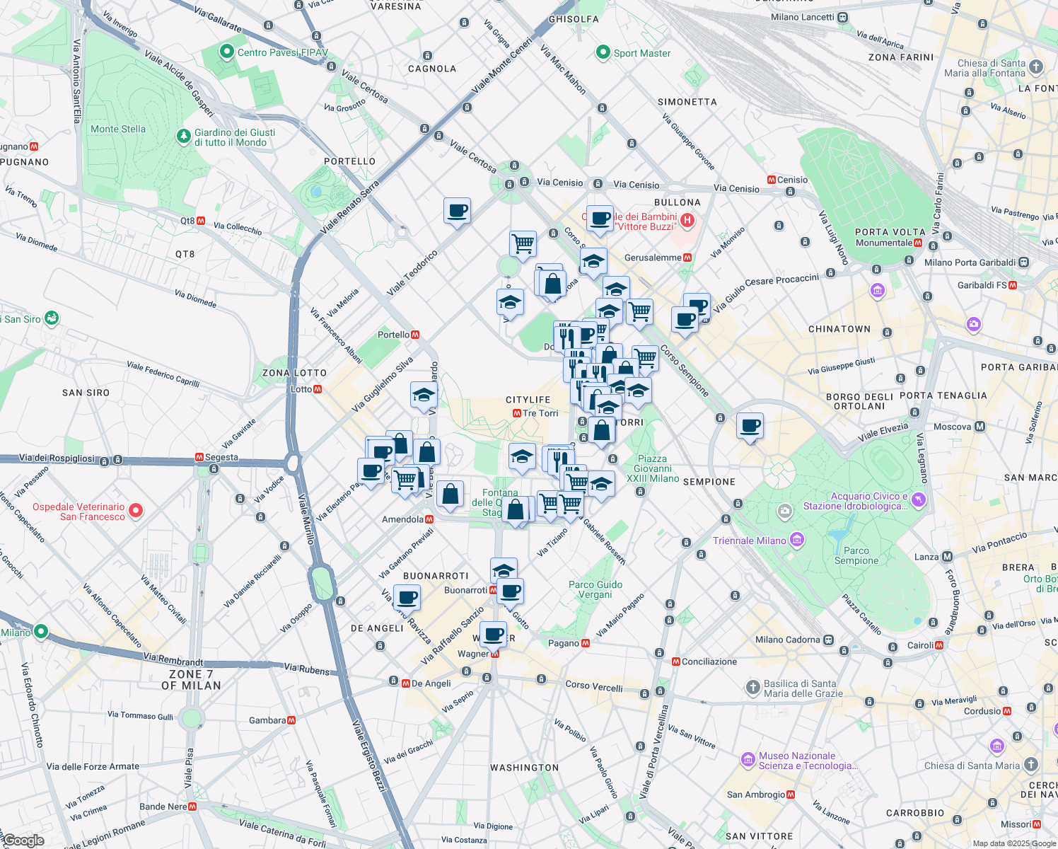map of restaurants, bars, coffee shops, grocery stores, and more near 3 Piazza Tre Torri in Milano
