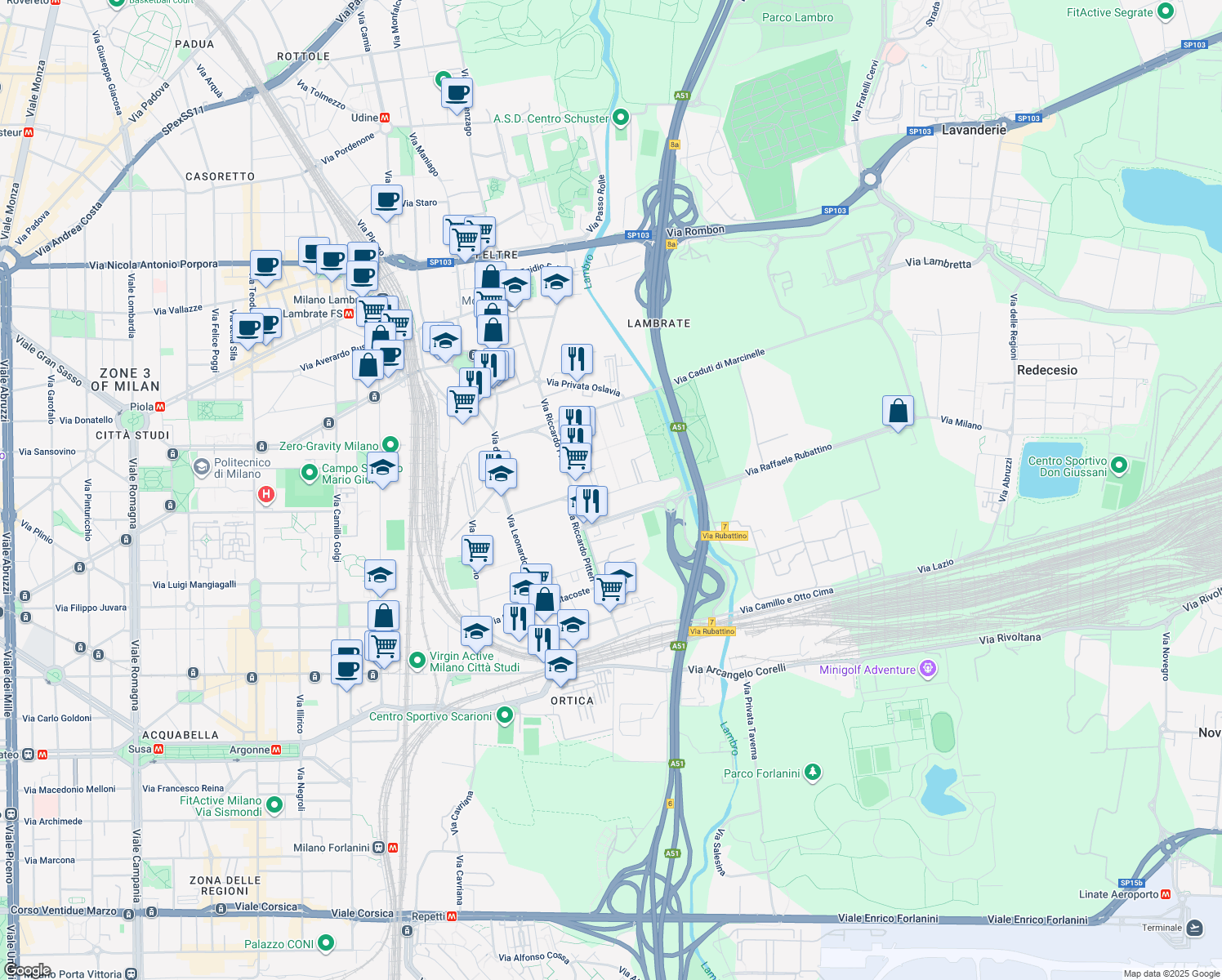 map of restaurants, bars, coffee shops, grocery stores, and more near 3 Via Caduti in Missione di Pace in Milano