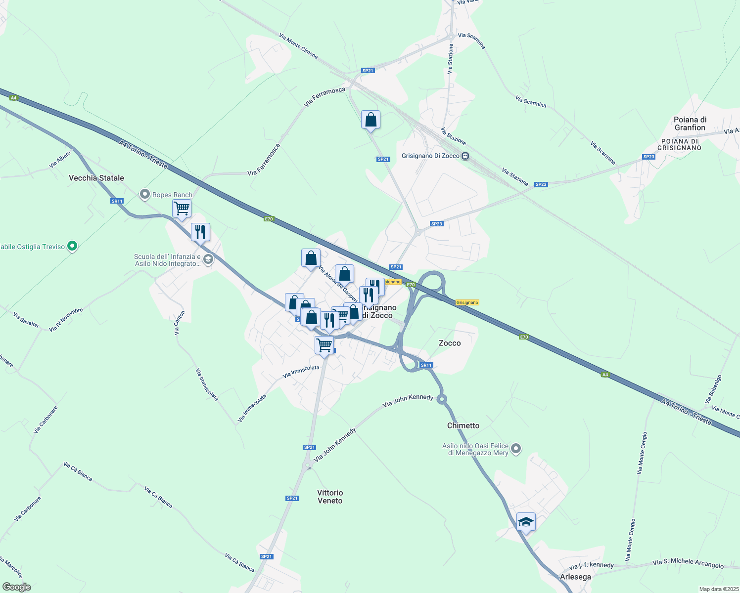 map of restaurants, bars, coffee shops, grocery stores, and more near 29 Via Gian Giorgio Trissino in Grisignano di Zocco