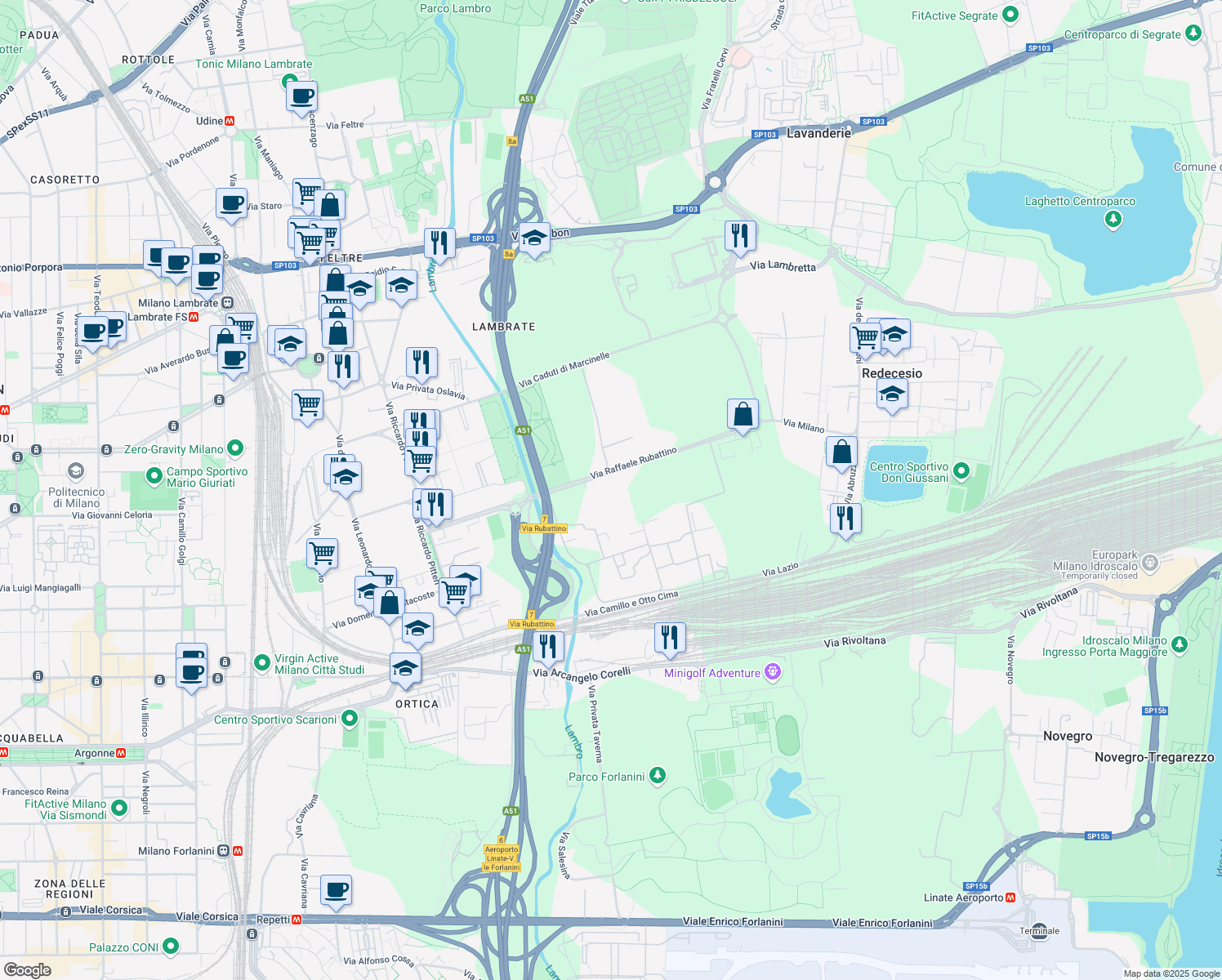 map of restaurants, bars, coffee shops, grocery stores, and more near 84 Via Raffaele Rubattino in Milano