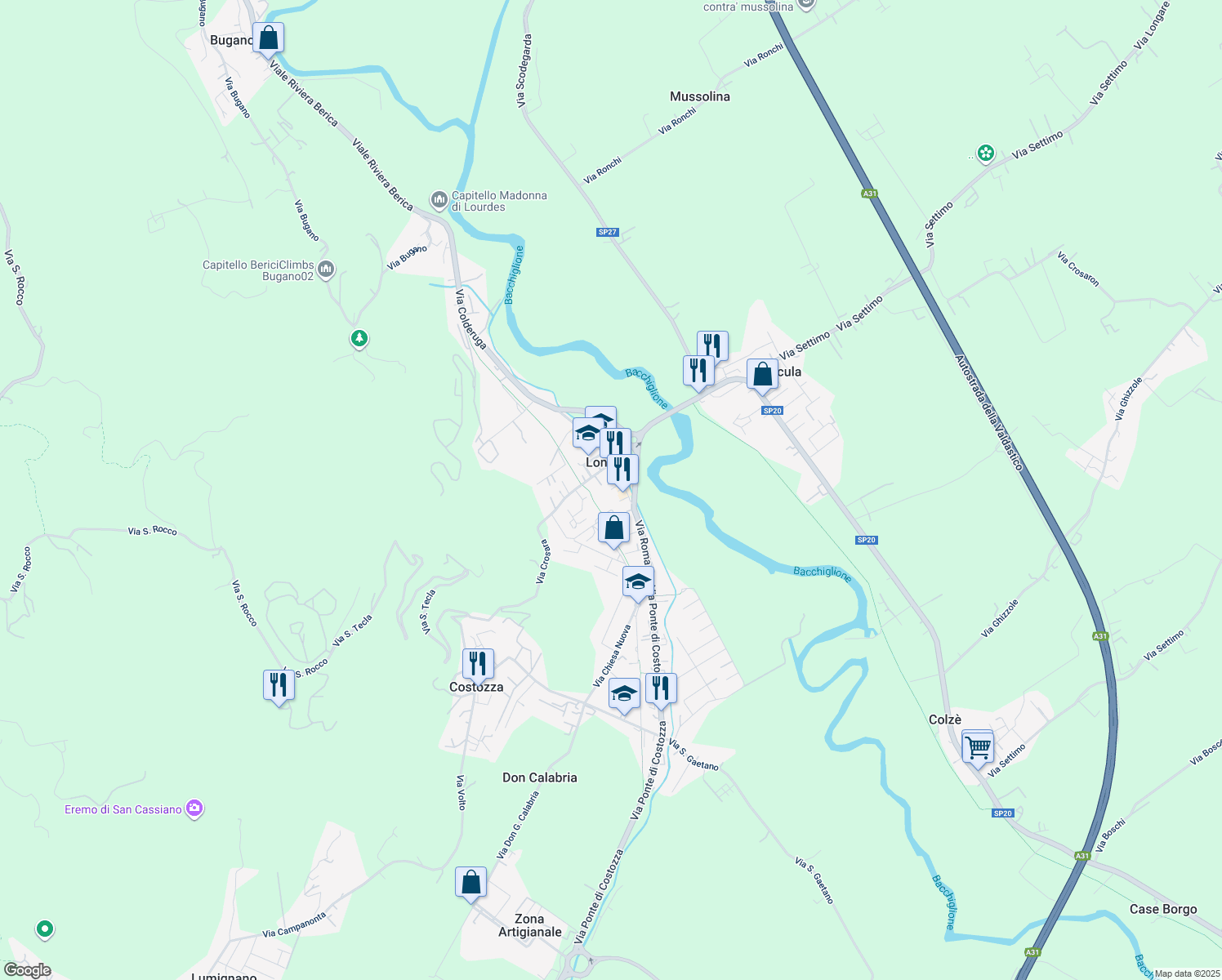 map of restaurants, bars, coffee shops, grocery stores, and more near 86 Via Roma in Longare