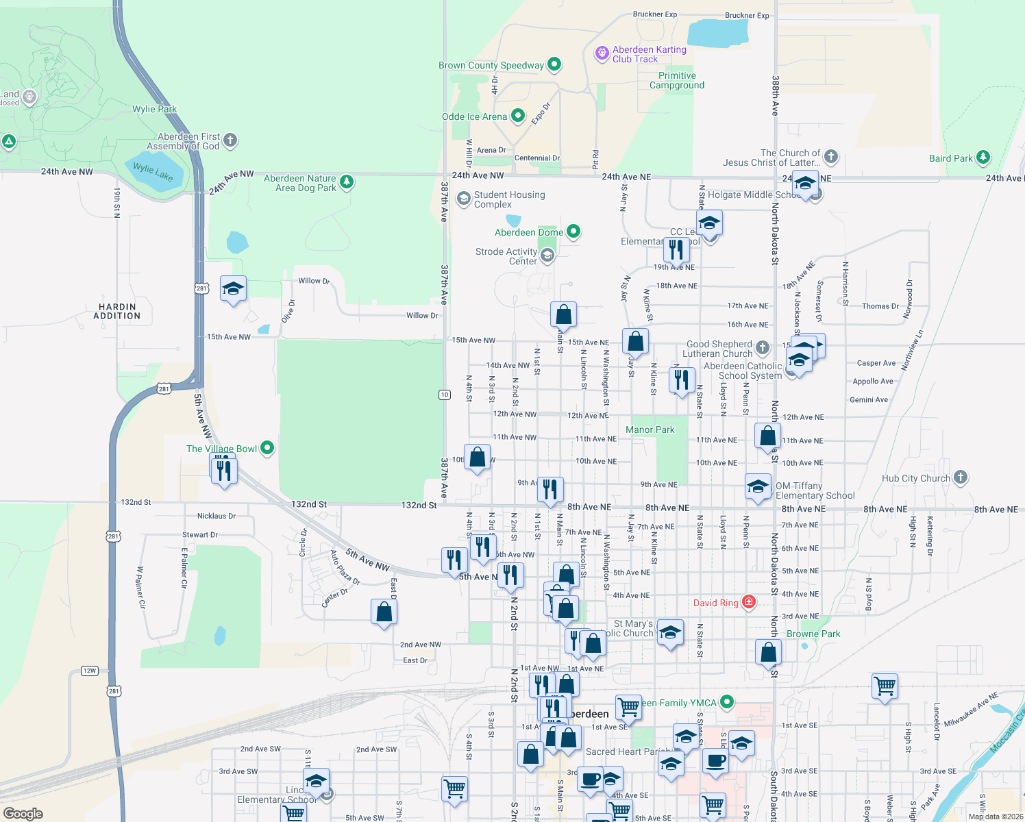 map of restaurants, bars, coffee shops, grocery stores, and more near 1205 North 2nd Street in Aberdeen