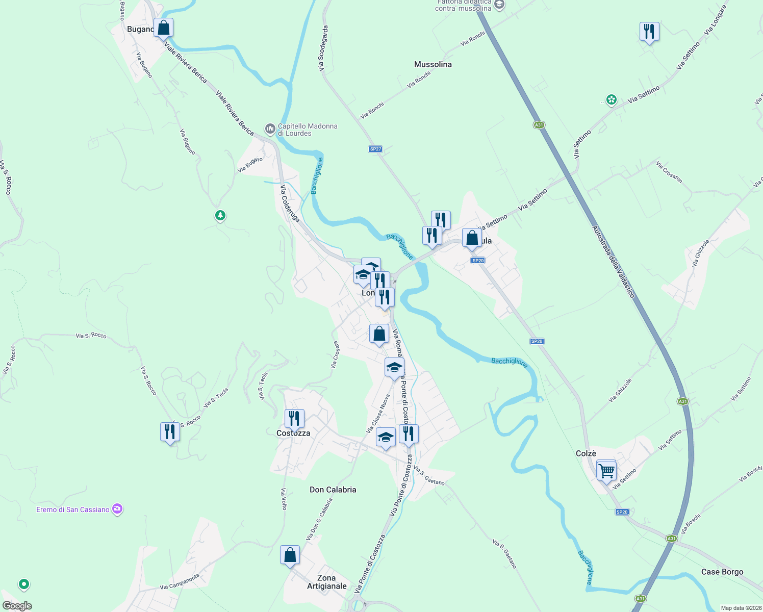 map of restaurants, bars, coffee shops, grocery stores, and more near Strada Statale 247 in Longare