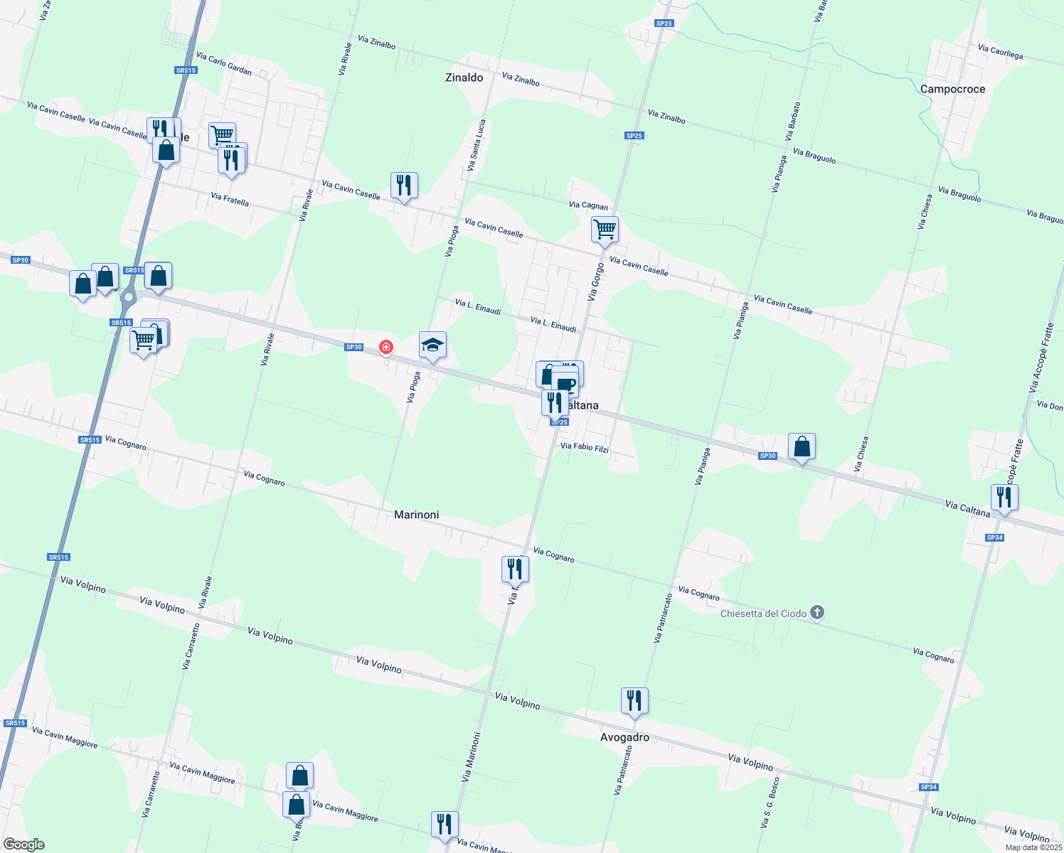 map of restaurants, bars, coffee shops, grocery stores, and more near 8 Via Don Adolfo Gallerani in Caltana