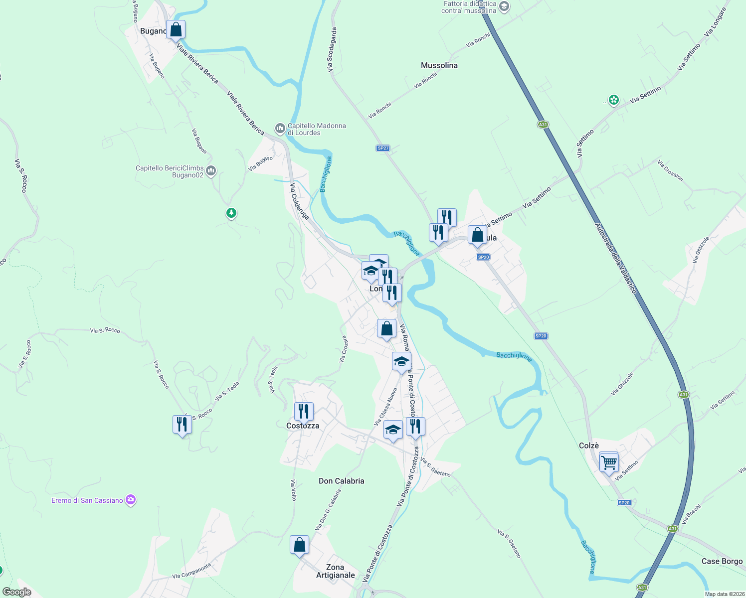 map of restaurants, bars, coffee shops, grocery stores, and more near 86 Via Roma in Longare