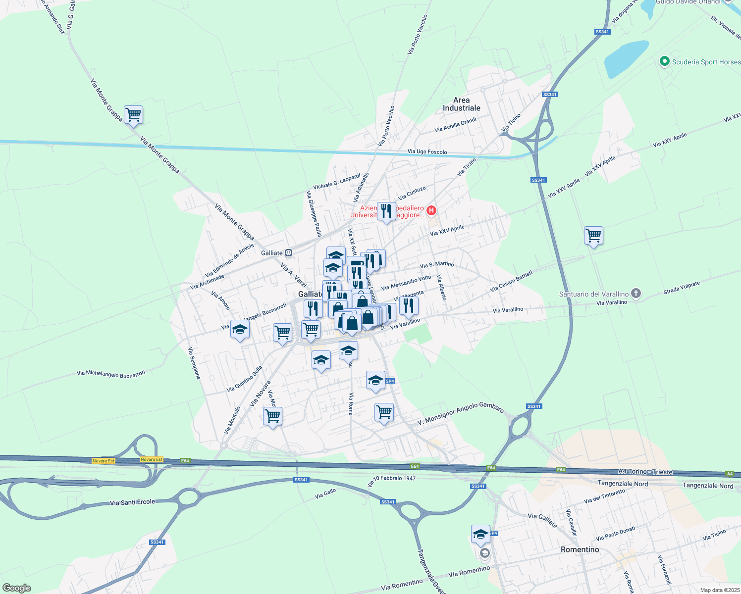 map of restaurants, bars, coffee shops, grocery stores, and more near 28 Via Murciano in Galliate