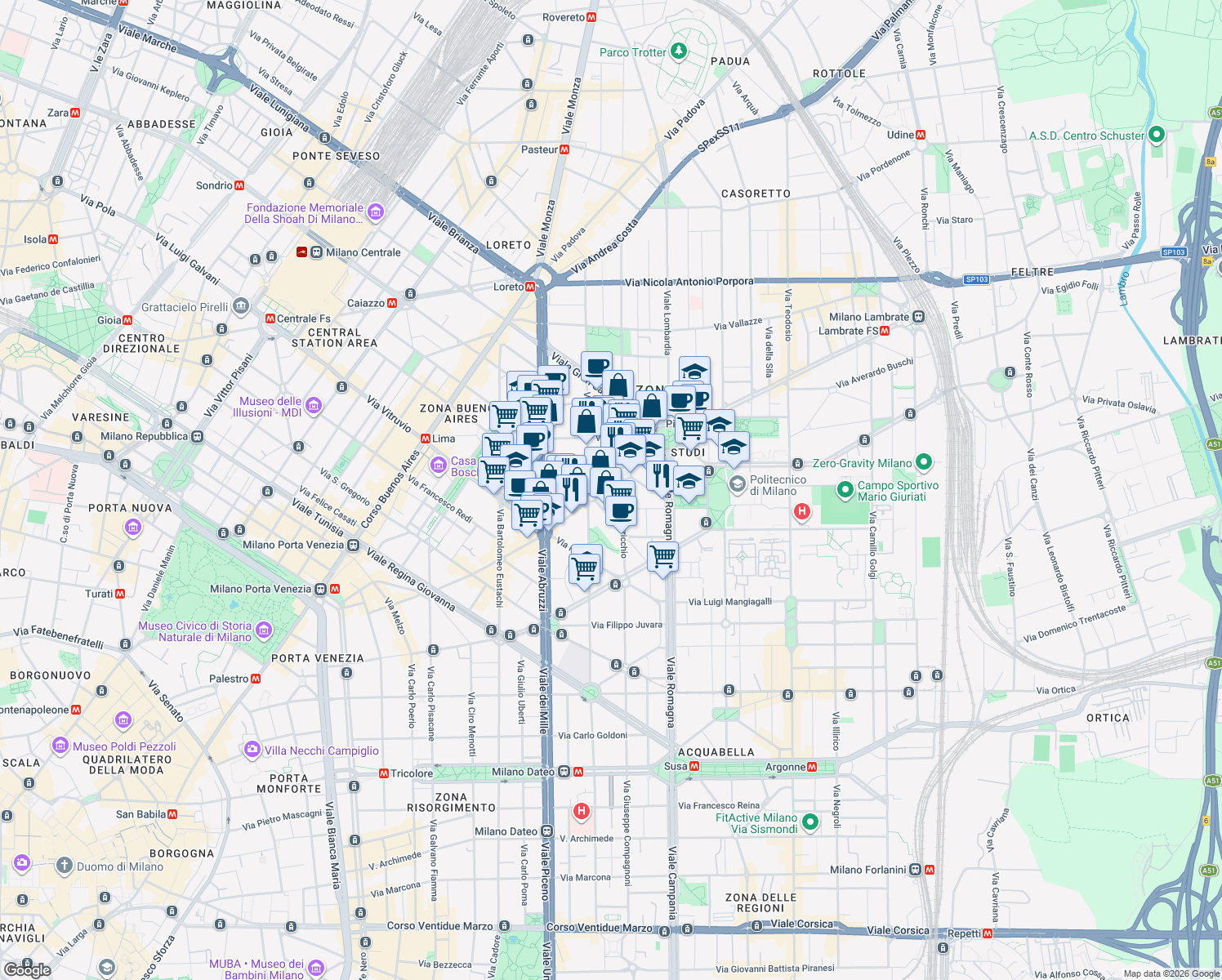map of restaurants, bars, coffee shops, grocery stores, and more near 24 Via Enrico Nöe in Milano