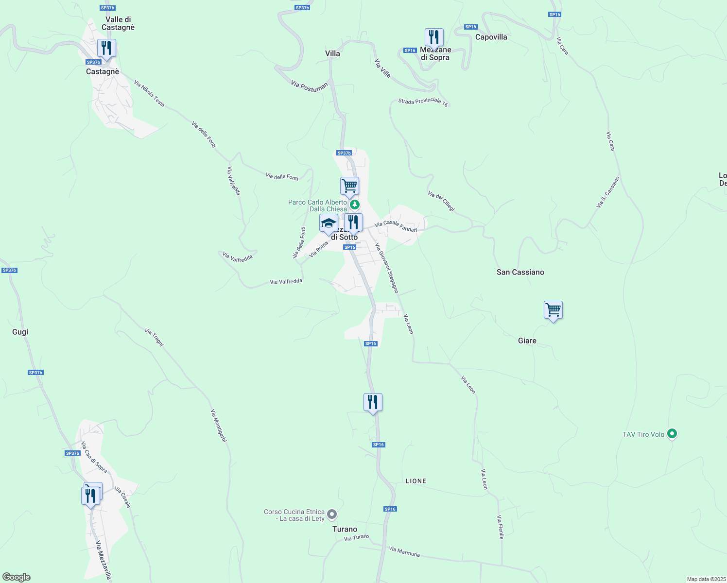 map of restaurants, bars, coffee shops, grocery stores, and more near 68 Via San Giovanni di Dio in Mezzane di Sotto