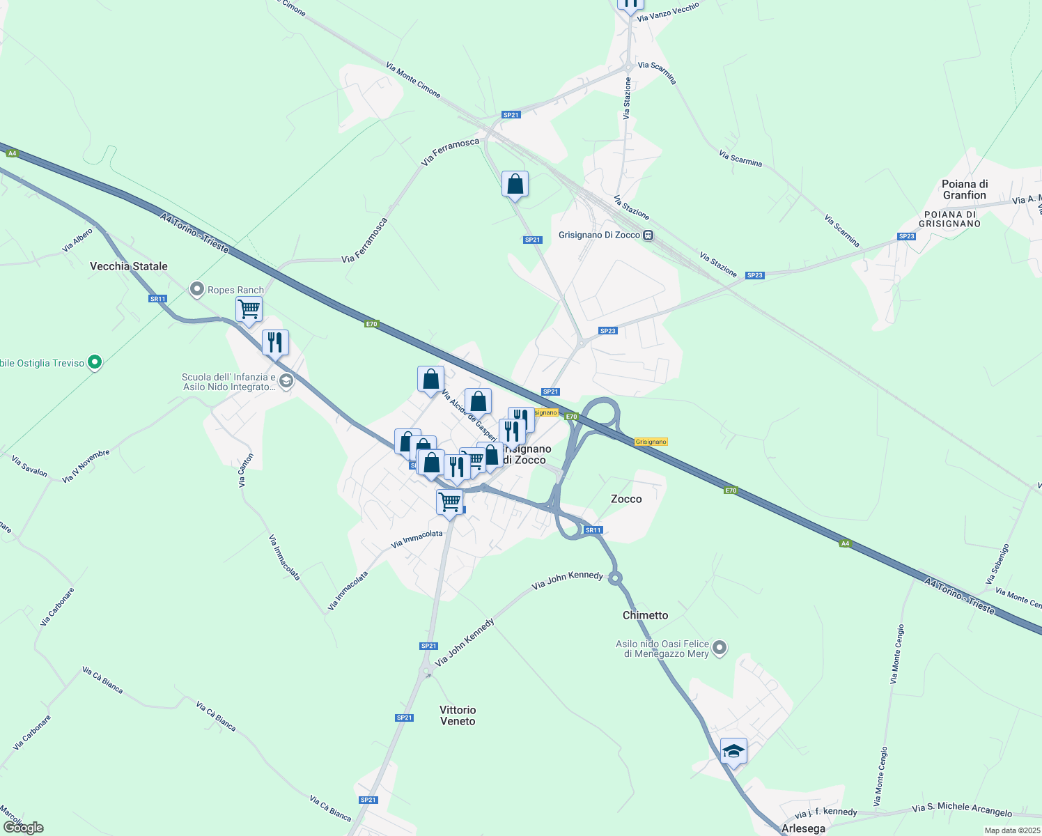 map of restaurants, bars, coffee shops, grocery stores, and more near 29 Via Gian Giorgio Trissino in Grisignano di Zocco