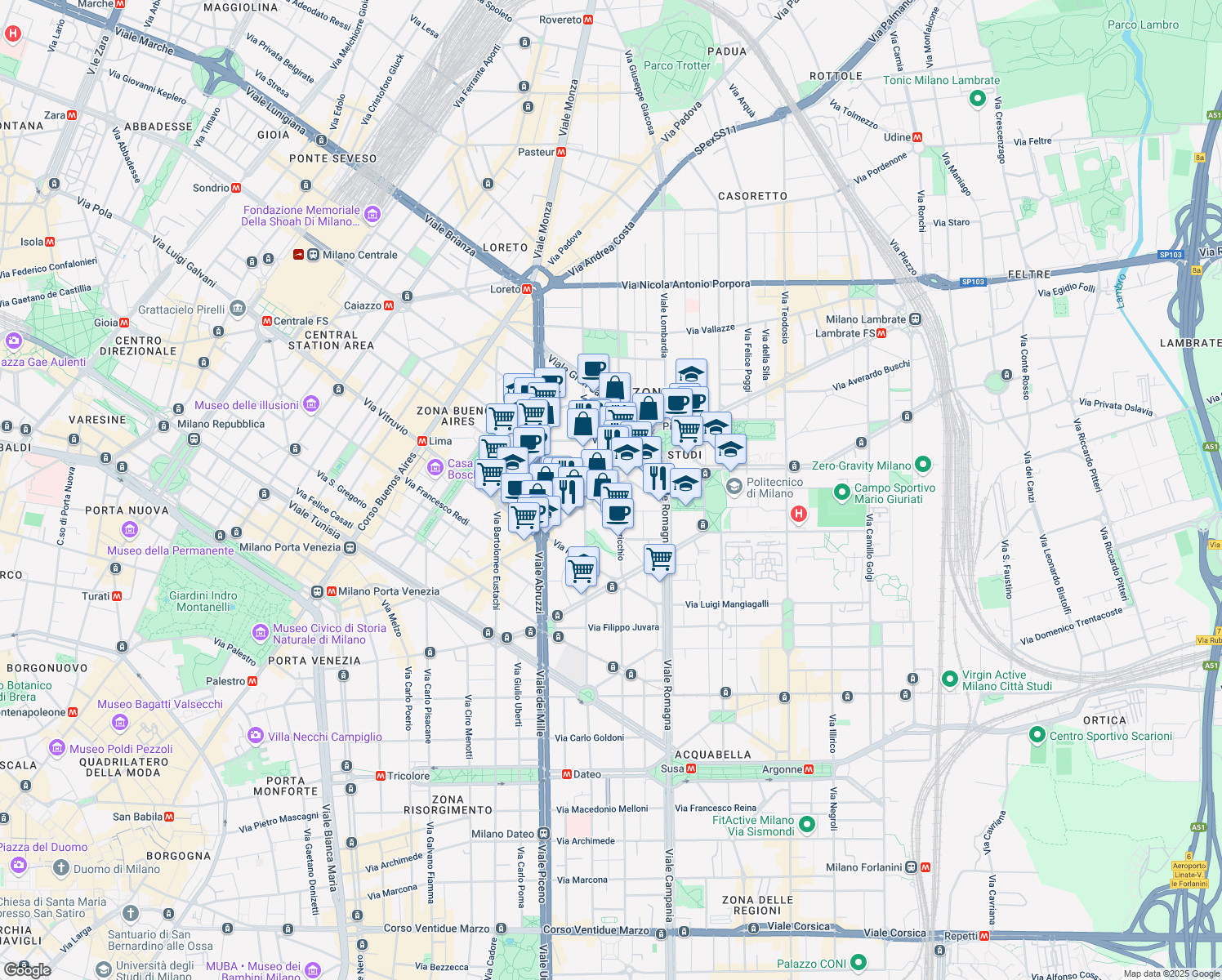 map of restaurants, bars, coffee shops, grocery stores, and more near 24 Via Enrico Nöe in Milano