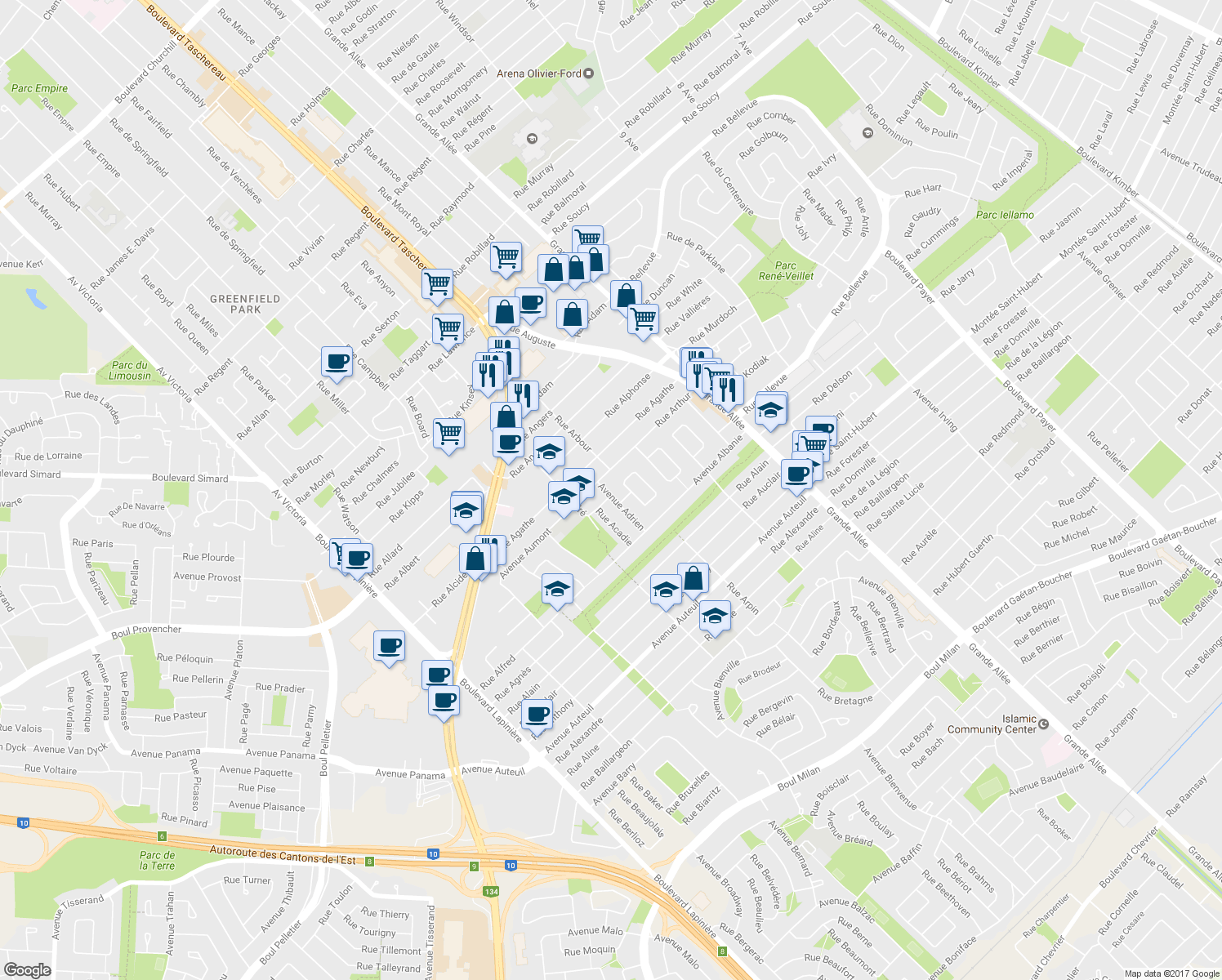 map of restaurants, bars, coffee shops, grocery stores, and more near 2285 Avenue Adrien in Brossard