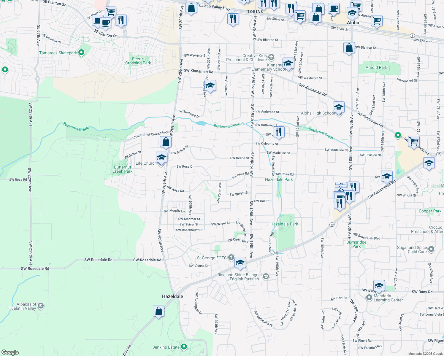 map of restaurants, bars, coffee shops, grocery stores, and more near 5720 Southwest 203rd Avenue in Aloha