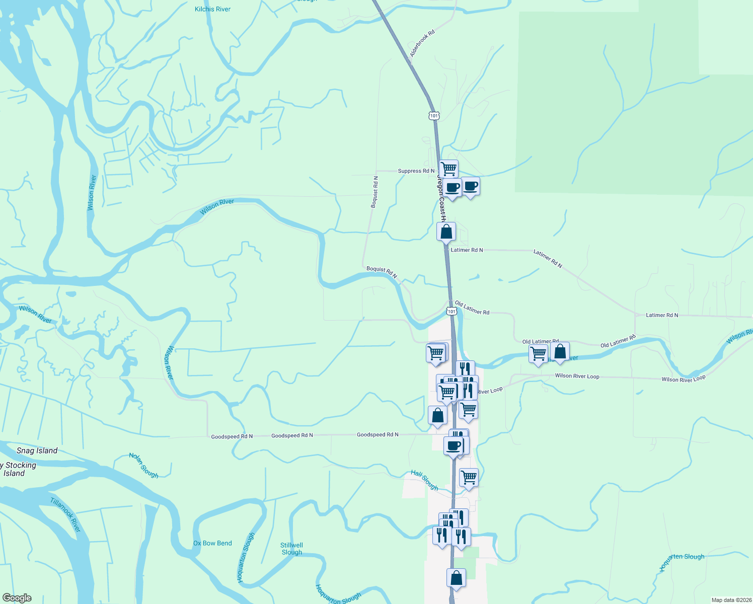 map of restaurants, bars, coffee shops, grocery stores, and more near 1330 Makinster Rd in Tillamook