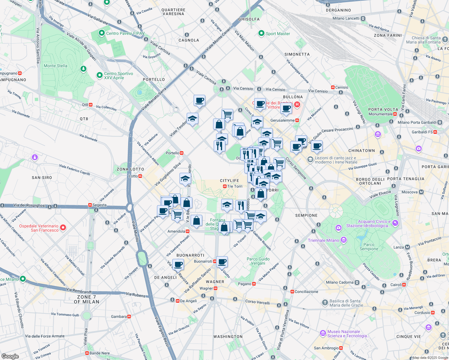 map of restaurants, bars, coffee shops, grocery stores, and more near Piazza Tre Torri in Milano
