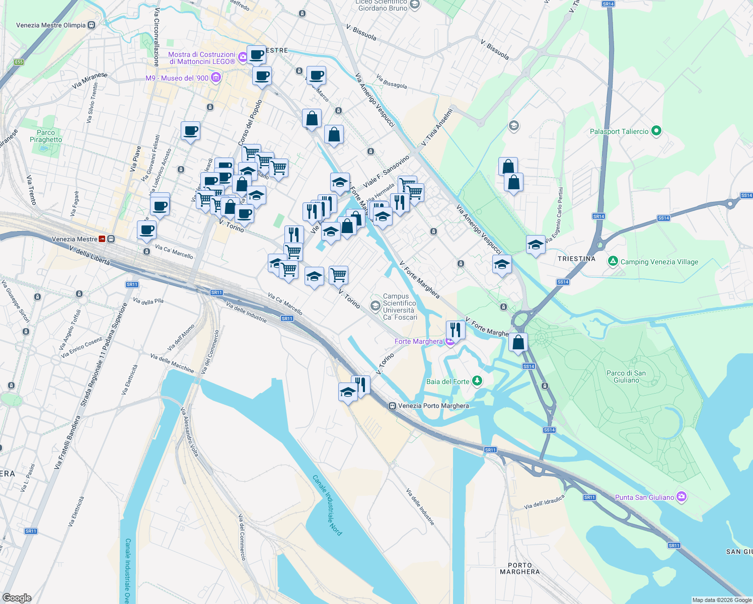 map of restaurants, bars, coffee shops, grocery stores, and more near 155 Via Torino in Venezia