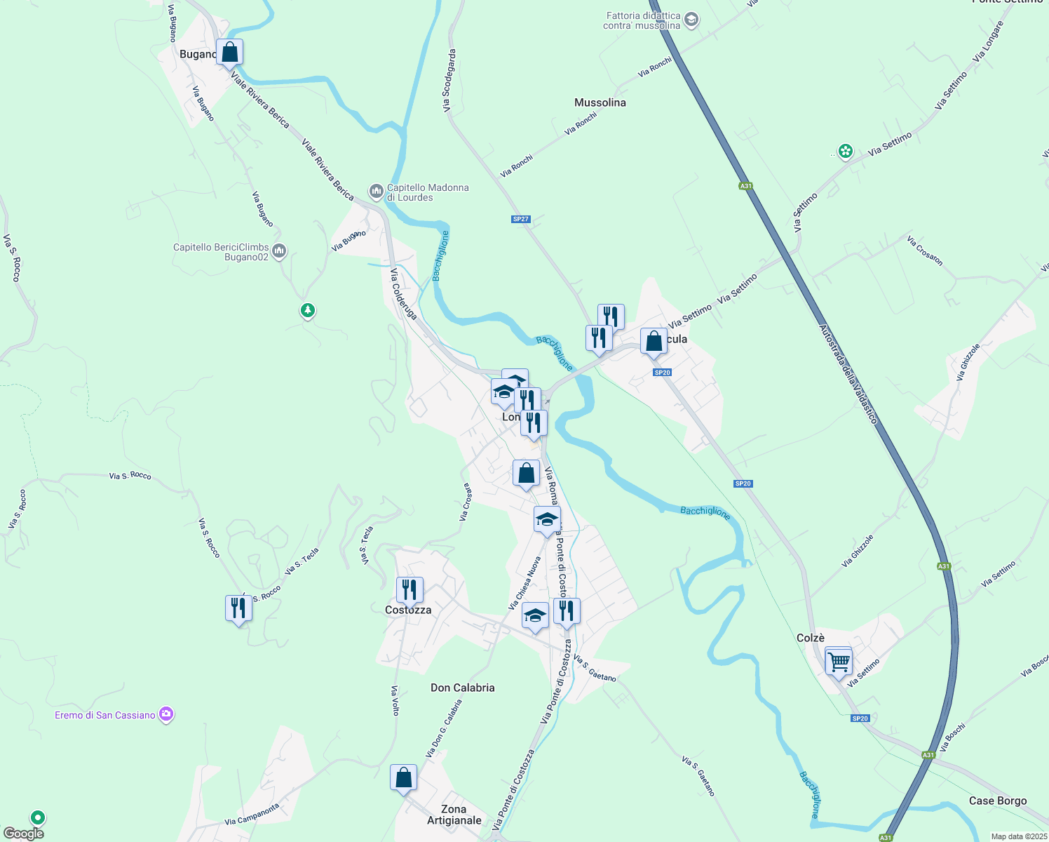 map of restaurants, bars, coffee shops, grocery stores, and more near 86 Via Roma in Longare