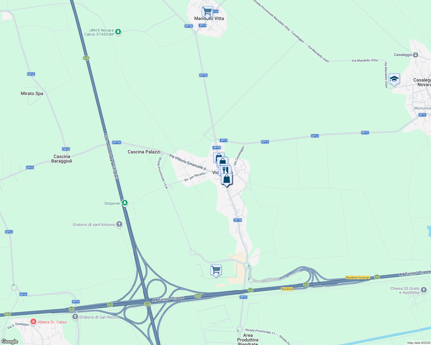 map of restaurants, bars, coffee shops, grocery stores, and more near 32 Via Dante Alighieri in Vicolungo