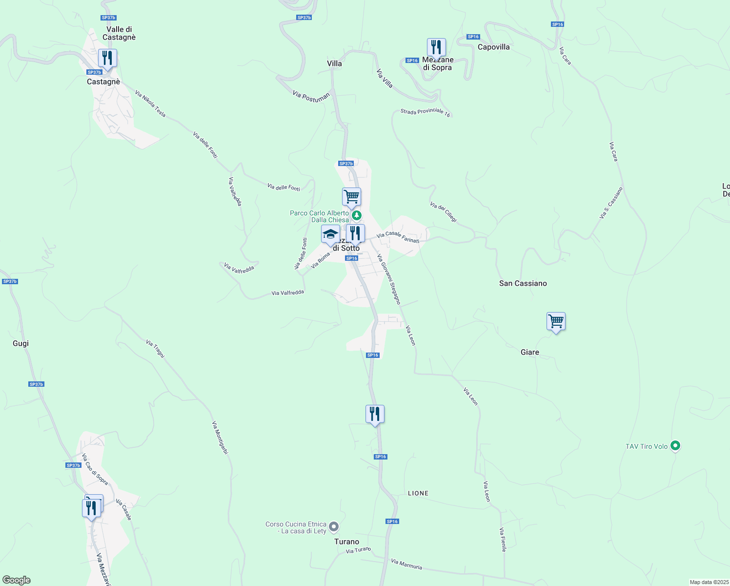 map of restaurants, bars, coffee shops, grocery stores, and more near 68 Via San Giovanni di Dio in Mezzane di Sotto