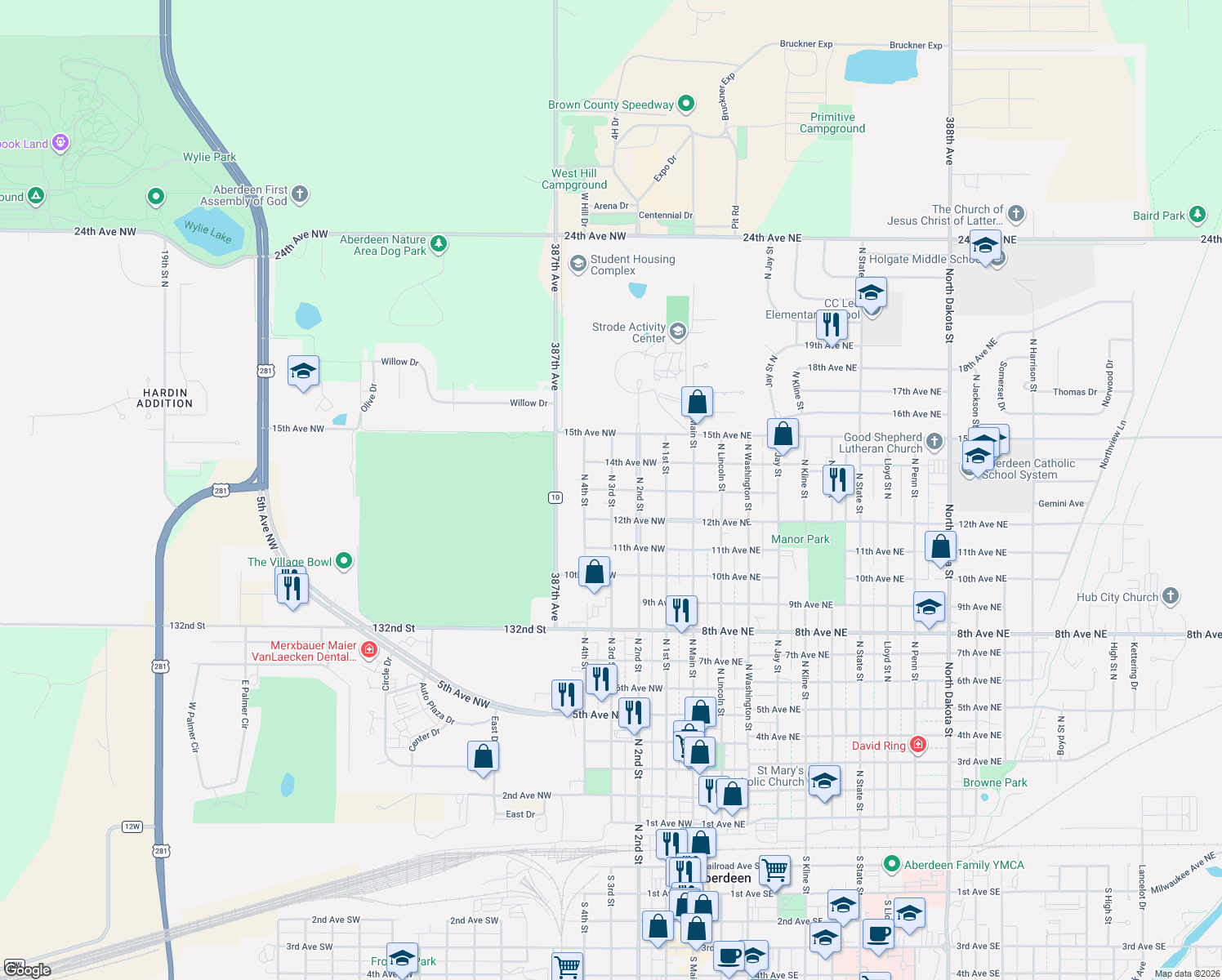 map of restaurants, bars, coffee shops, grocery stores, and more near 1299 N 3rd St in Aberdeen