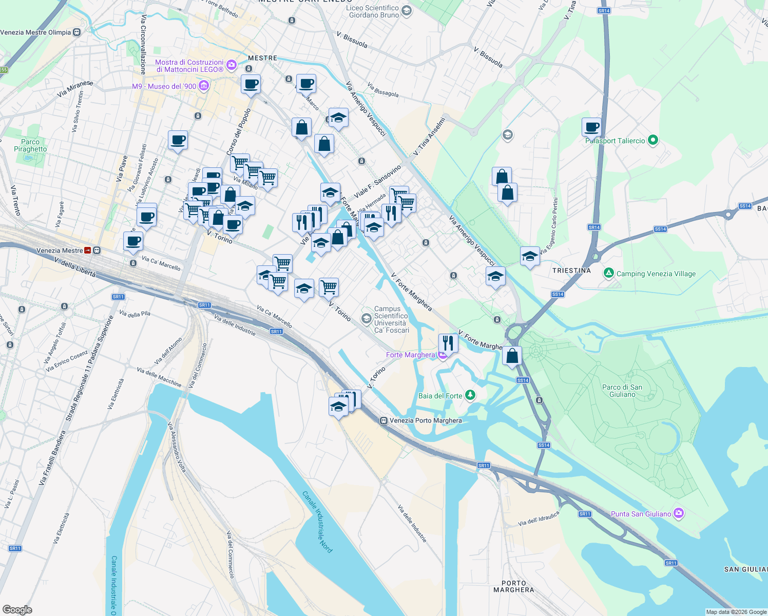 map of restaurants, bars, coffee shops, grocery stores, and more near 155 Via Torino in Venezia