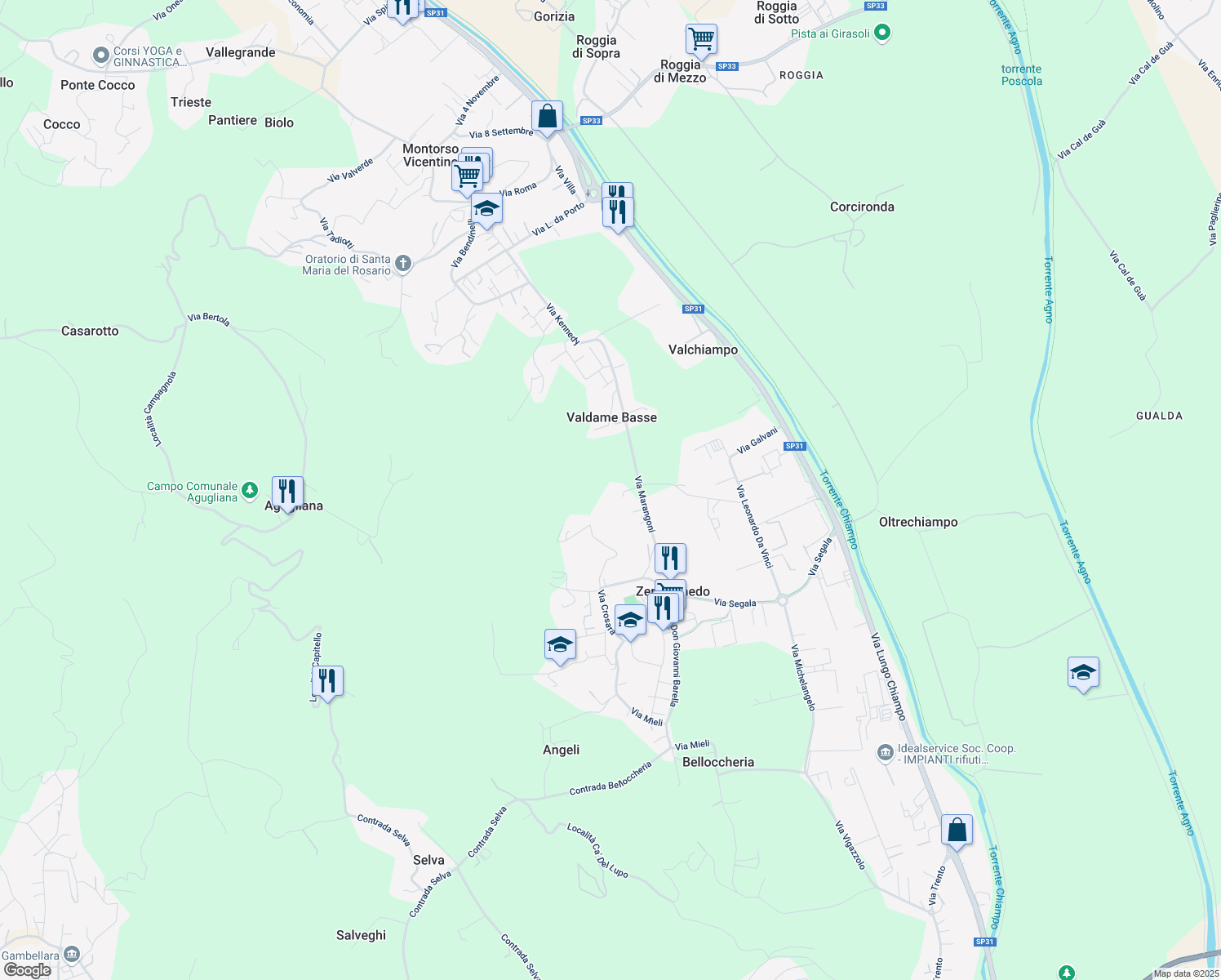 map of restaurants, bars, coffee shops, grocery stores, and more near 61 Via Marangoni in Zermeghedo