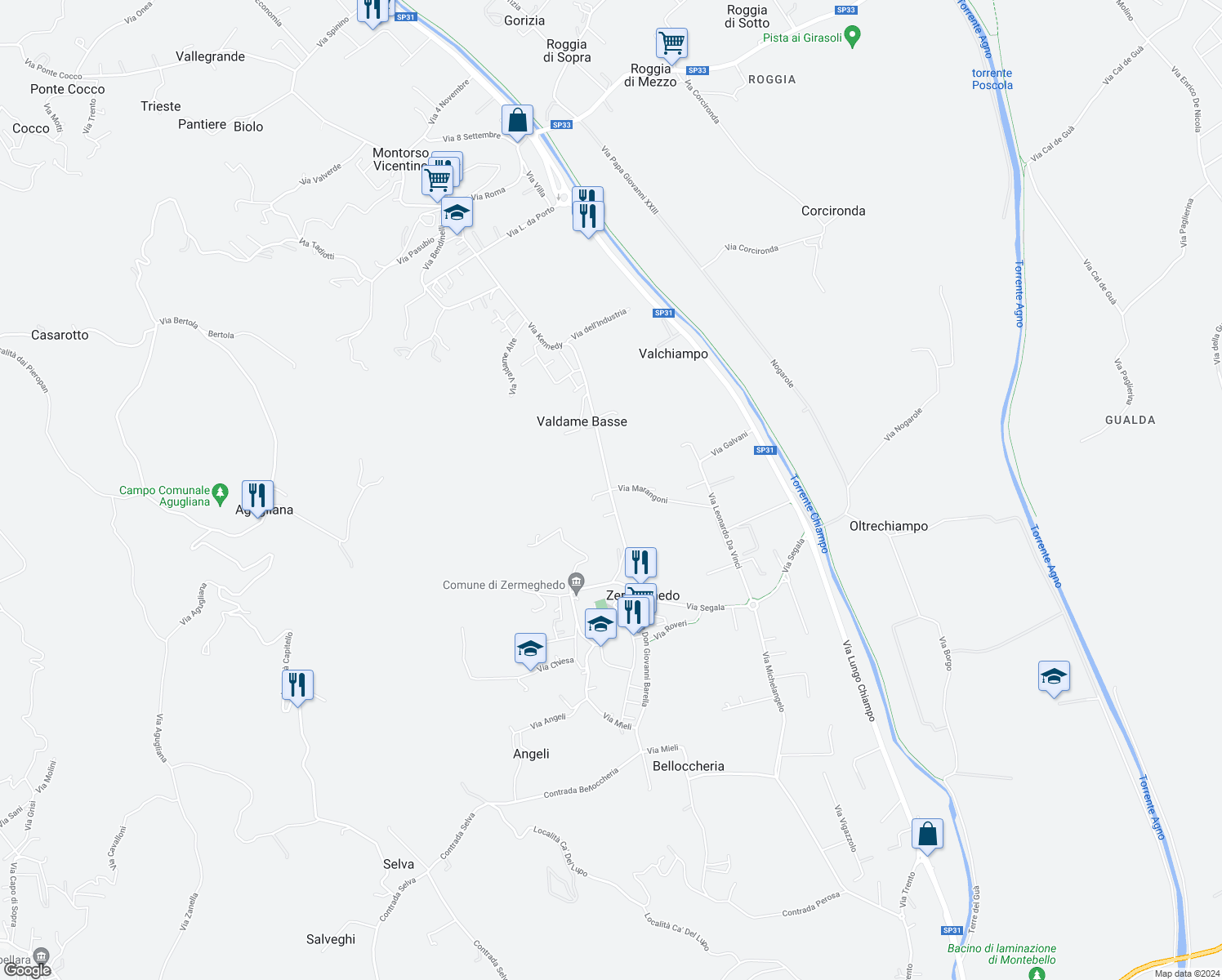 map of restaurants, bars, coffee shops, grocery stores, and more near 57 Via Marangoni in Provincia di Vicenza