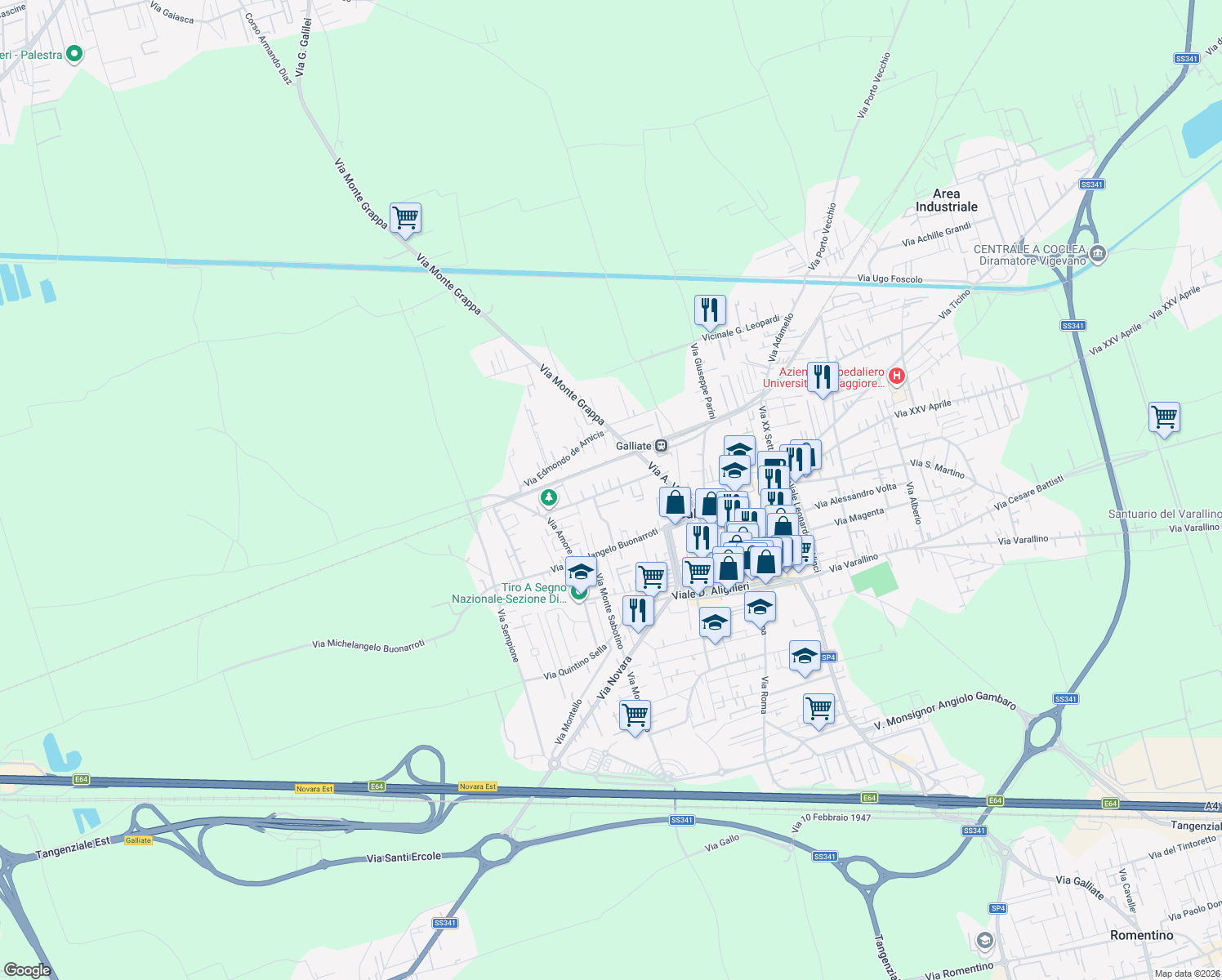 map of restaurants, bars, coffee shops, grocery stores, and more near 17 Via Archimede in Galliate