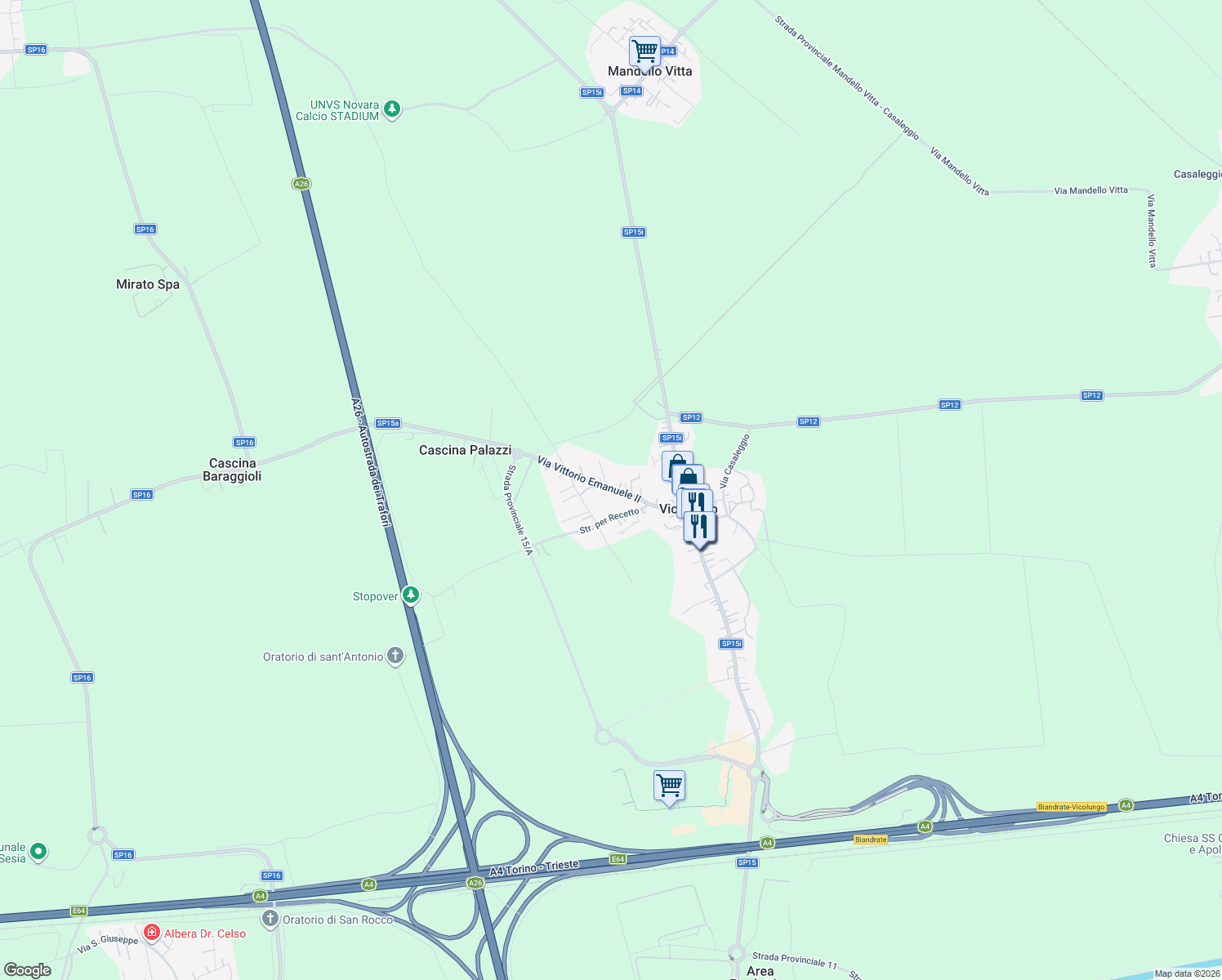 map of restaurants, bars, coffee shops, grocery stores, and more near 24 Via Vittorio Emanuele II in Vicolungo