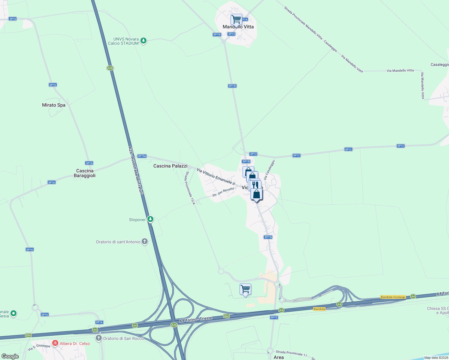 map of restaurants, bars, coffee shops, grocery stores, and more near 24 Via Vittorio Emanuele II in Vicolungo