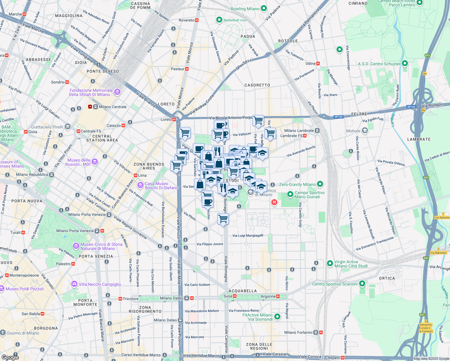 map of restaurants, bars, coffee shops, grocery stores, and more near in Milan