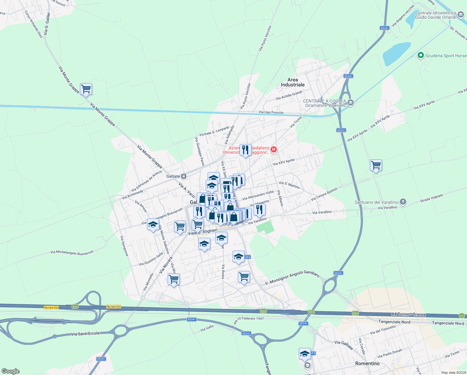 map of restaurants, bars, coffee shops, grocery stores, and more near 1 Viale Leonardo Da Vinci in Galliate
