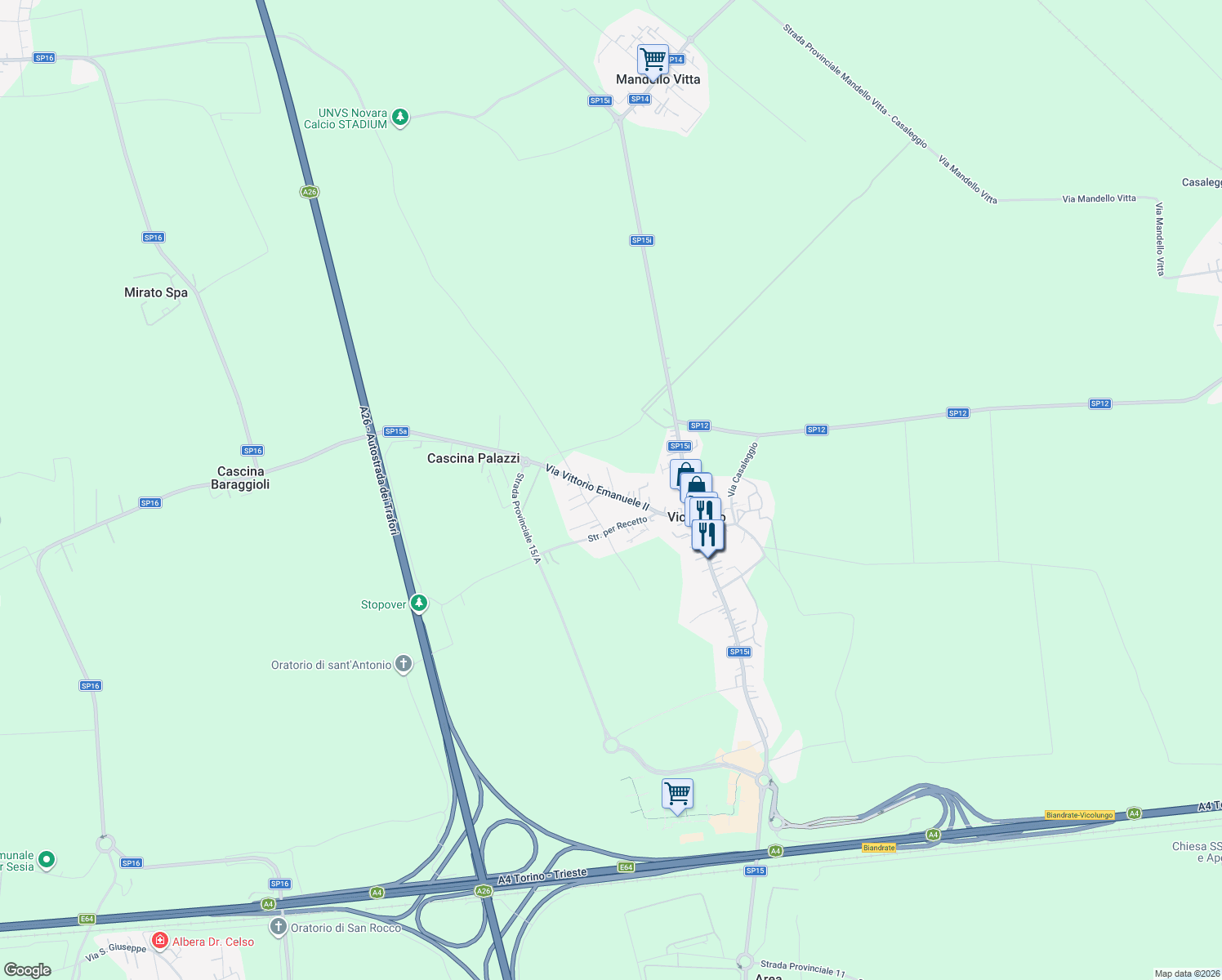 map of restaurants, bars, coffee shops, grocery stores, and more near 24 Via Vittorio Emanuele II in Vicolungo