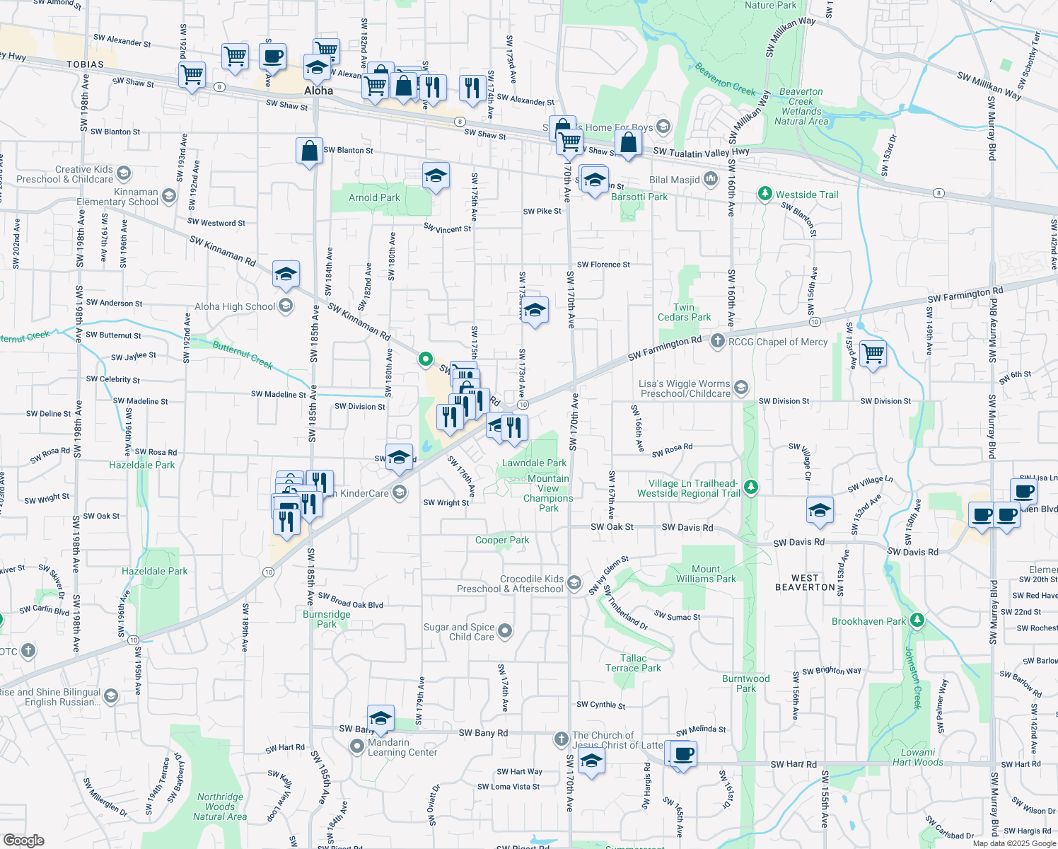 map of restaurants, bars, coffee shops, grocery stores, and more near 17260 Southwest Division Street in Aloha