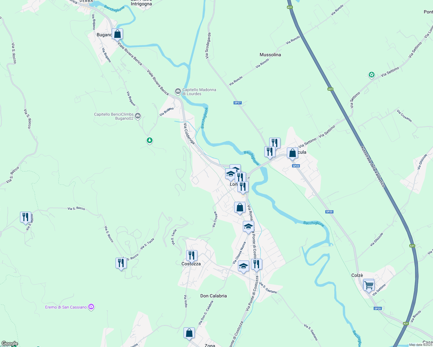 map of restaurants, bars, coffee shops, grocery stores, and more near 22 Via Roma in Longare