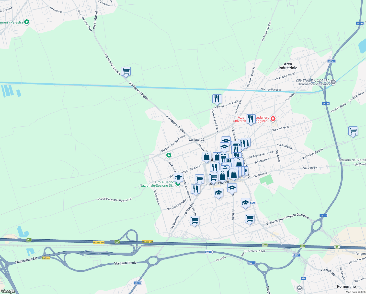 map of restaurants, bars, coffee shops, grocery stores, and more near 17 Via Archimede in Galliate