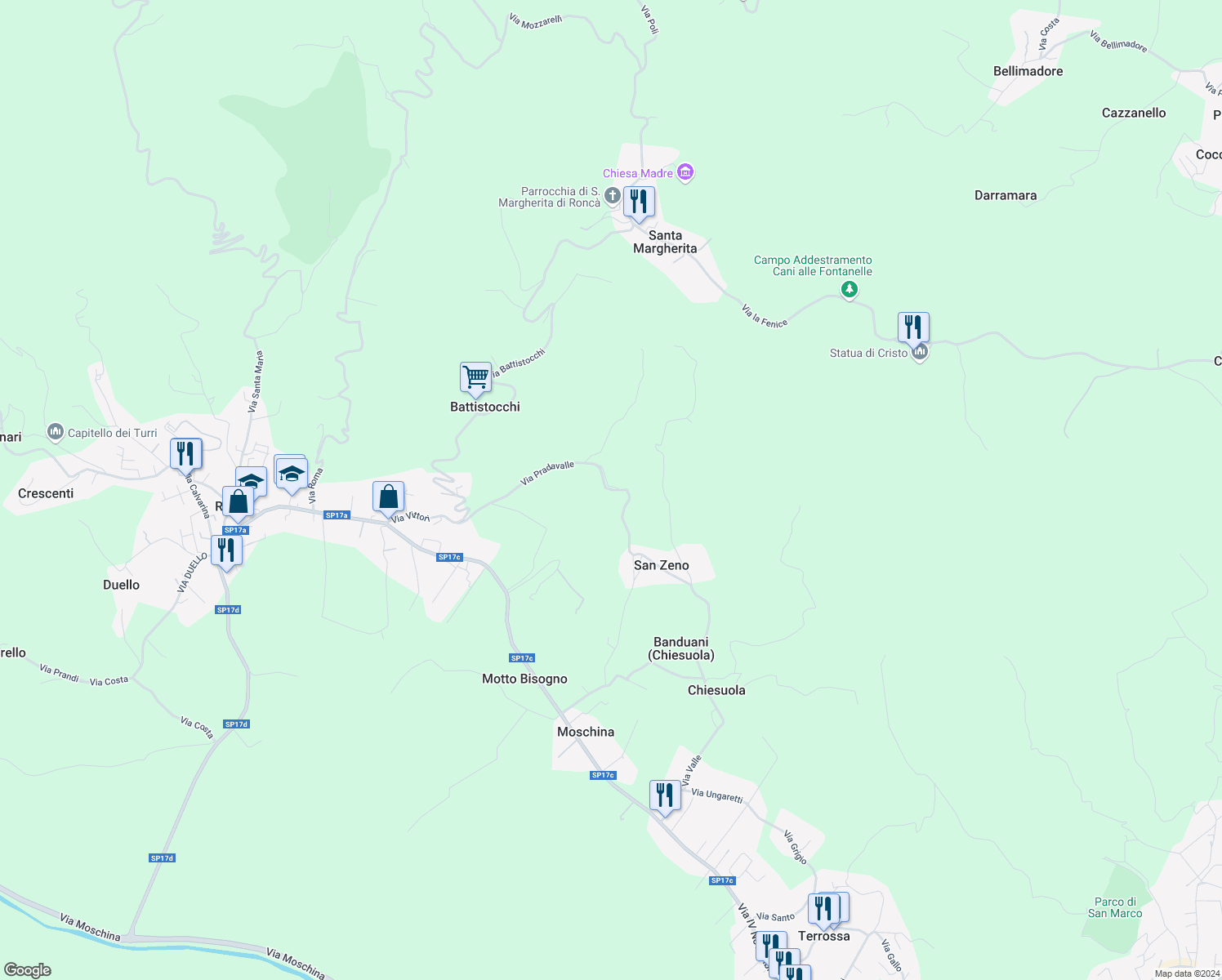 map of restaurants, bars, coffee shops, grocery stores, and more near 15 Via Pradavalle in Provincia di Verona