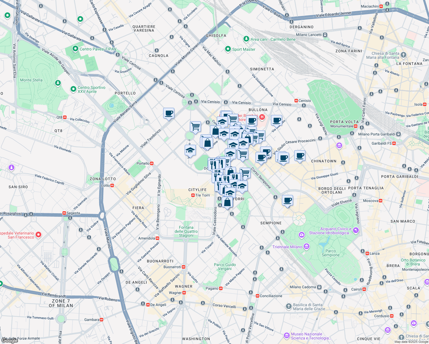 map of restaurants, bars, coffee shops, grocery stores, and more near 2 Largo Domodossola in Milano