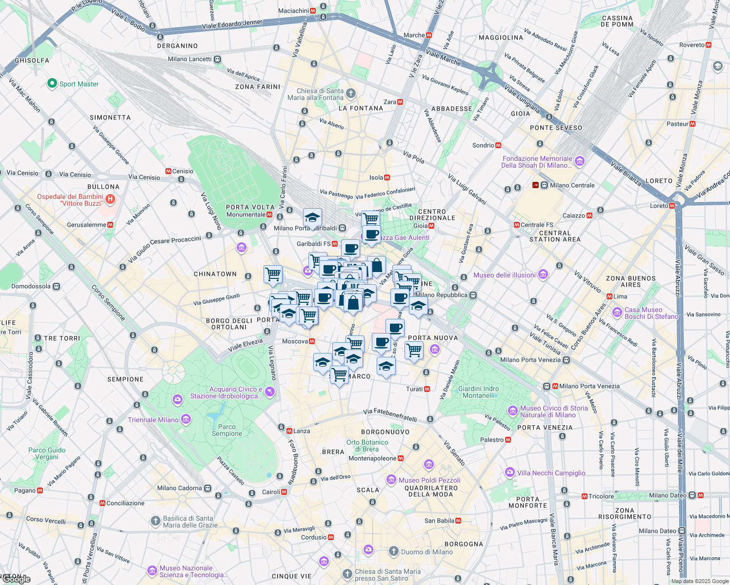 map of restaurants, bars, coffee shops, grocery stores, and more near 3 Viale Monte Grappa in Milano