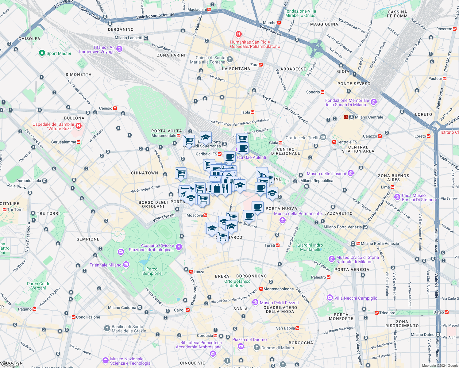 map of restaurants, bars, coffee shops, grocery stores, and more near 10 Piazza XXV Aprile in Milano