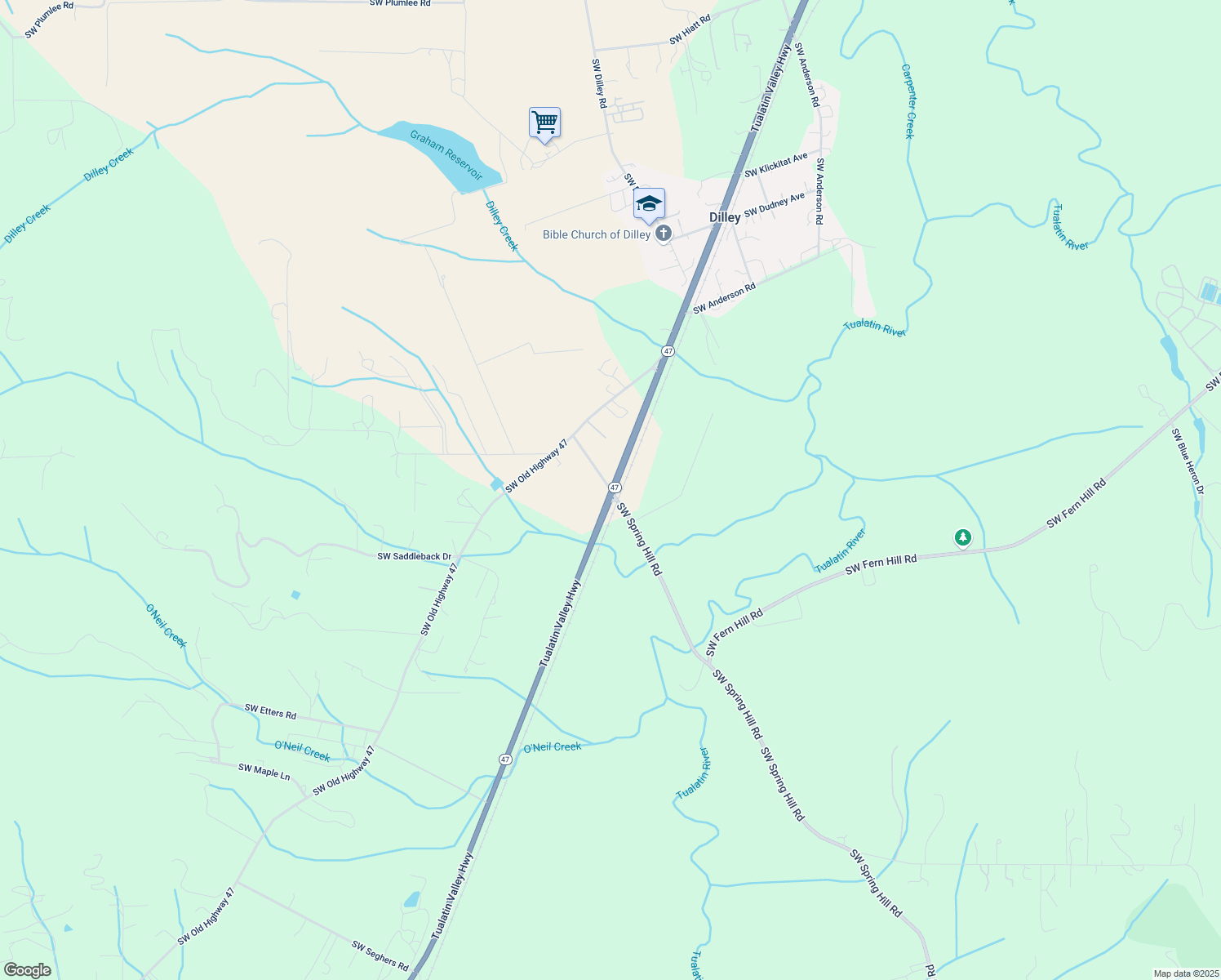 map of restaurants, bars, coffee shops, grocery stores, and more near 5455 Southwest Spring Hill Road in Gaston