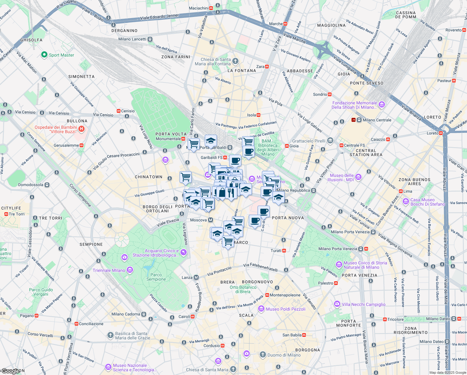 map of restaurants, bars, coffee shops, grocery stores, and more near 10 Piazza XXV Aprile in Milano